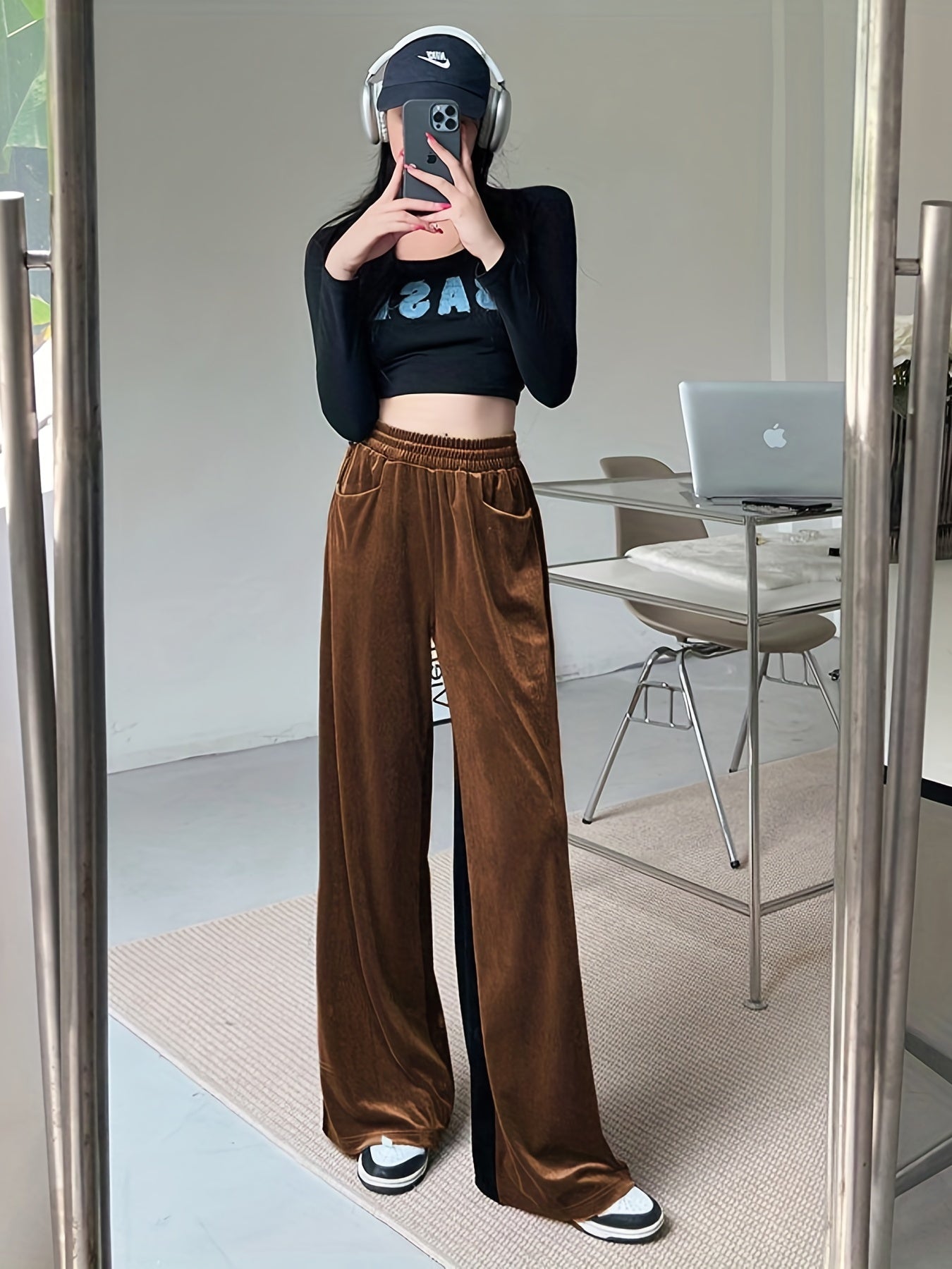 Velvet High Waist Pants, Casual Elastic Wide Leg Draped Pants With Pockets, Women's Clothing