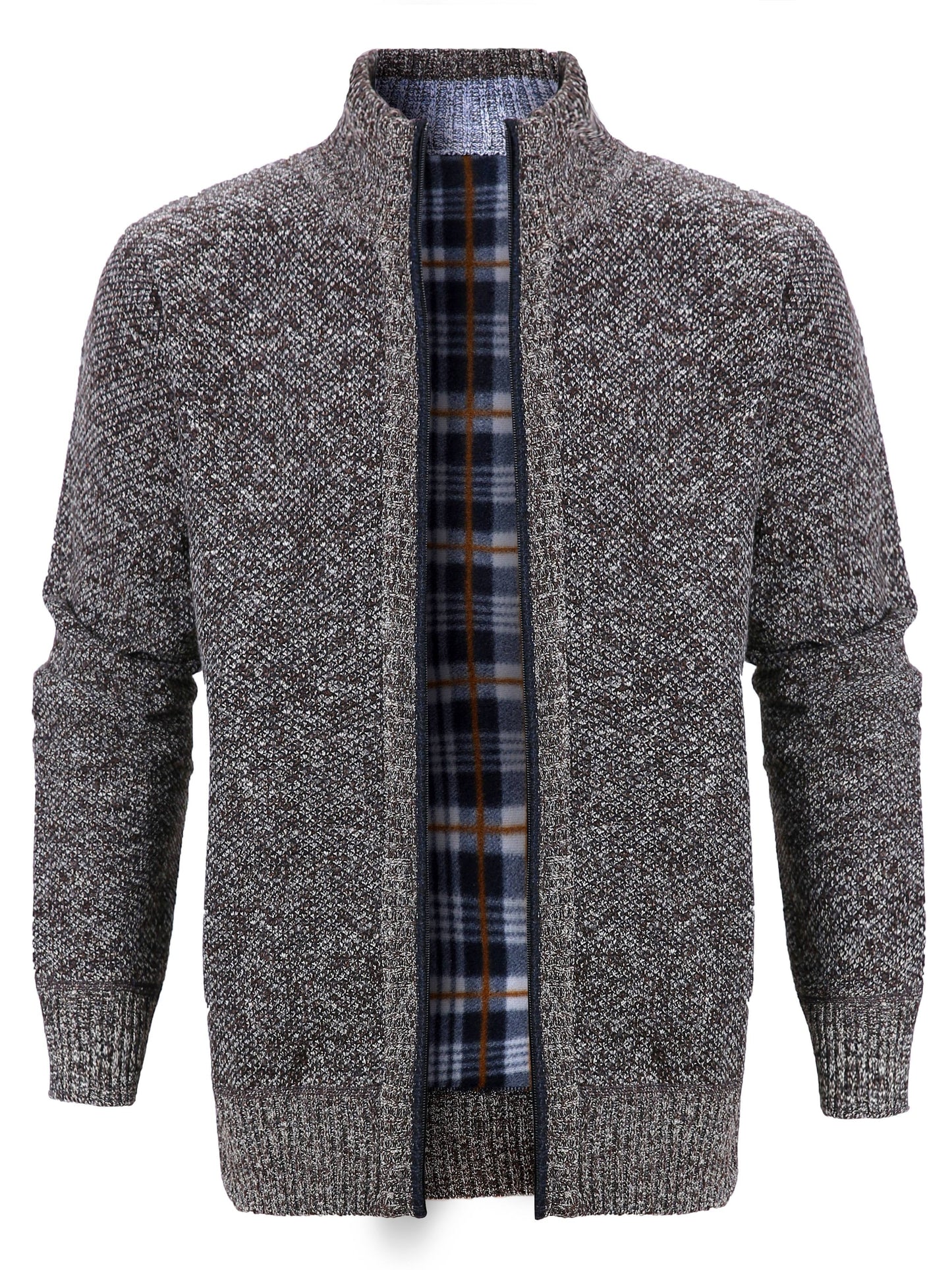 gbolsos Warm Zip Up Jacket Sweater, Men's Casual Lapel Mid Stretch Slant Pocket Solid Color Cardigan For Fall Winter