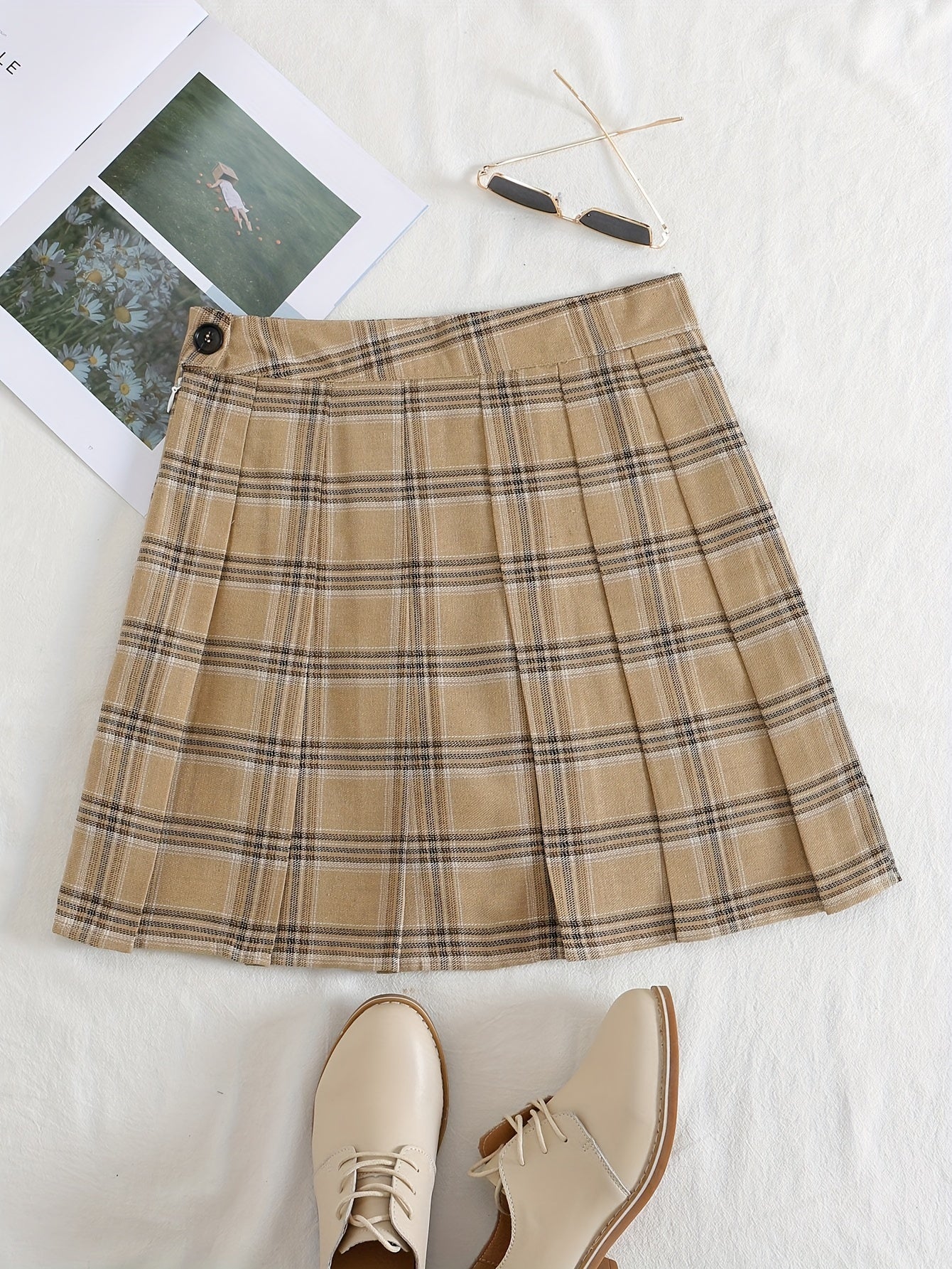gbolsos Plaid Print Pleated Skirt, Casual Every Day Mini Skirt, Women's Clothing