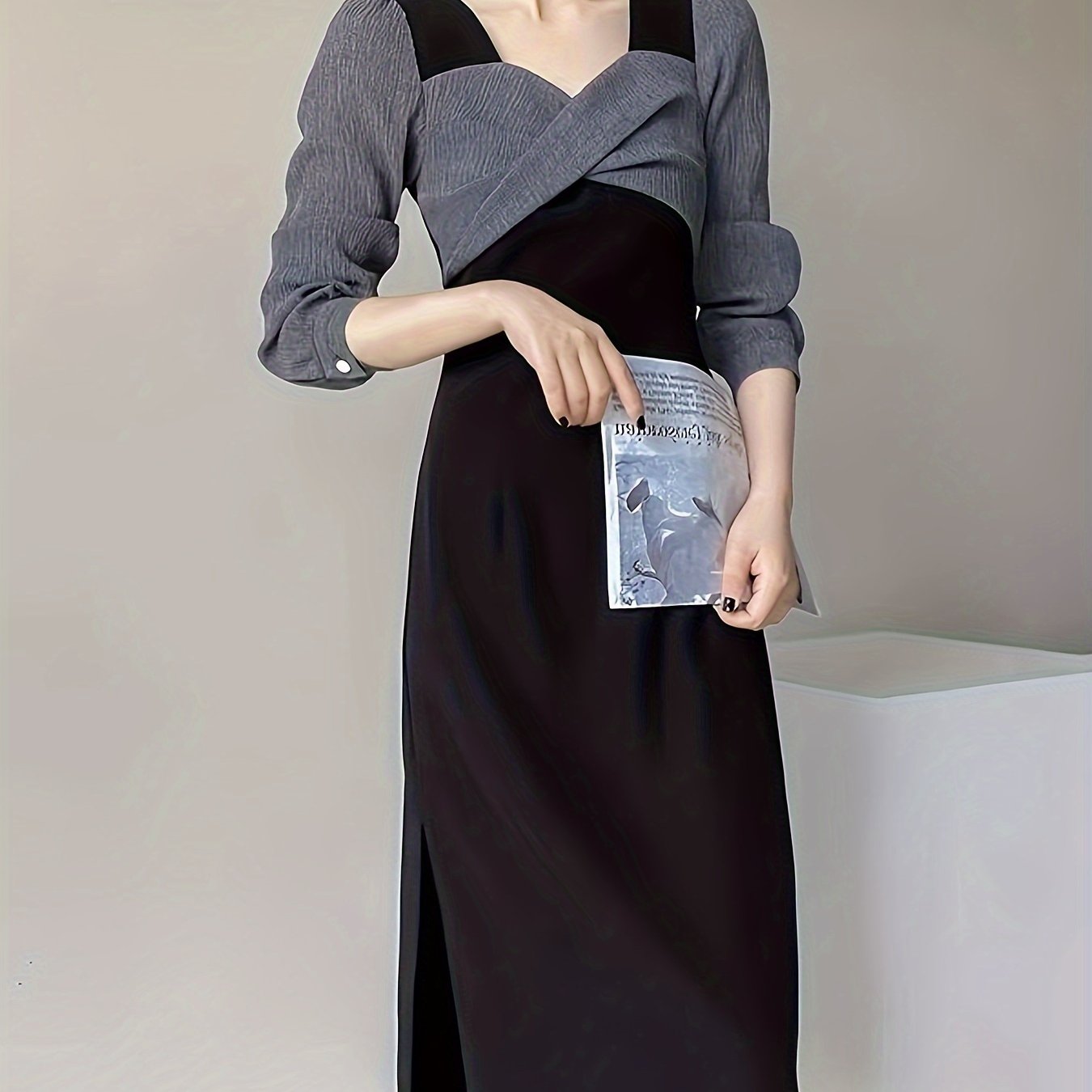 gbolsos Faux Twinset Twist Front Dress, Chic Long Sleeve A-line Dress For Spring & Fall, Women's Clothing