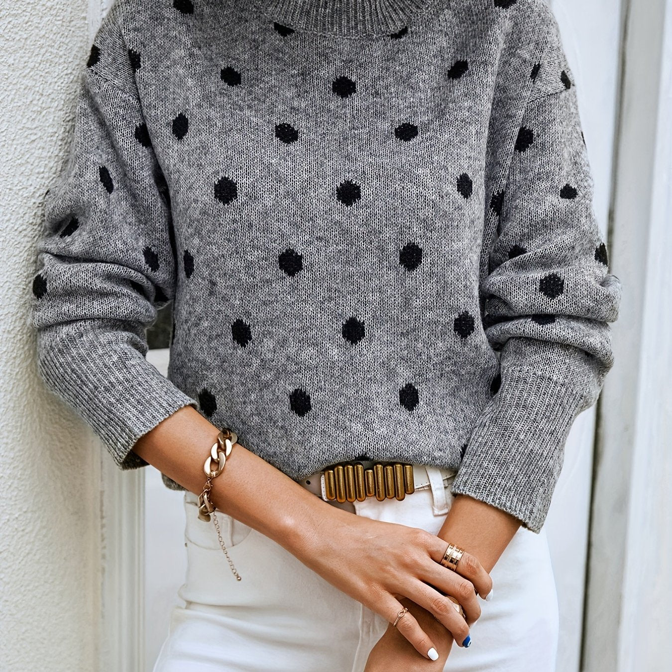 gbolsos Polka Dot Crew Neck Pullover Sweater, Casual Long Sleeve Sweater For Fall & Winter, Women's Clothing