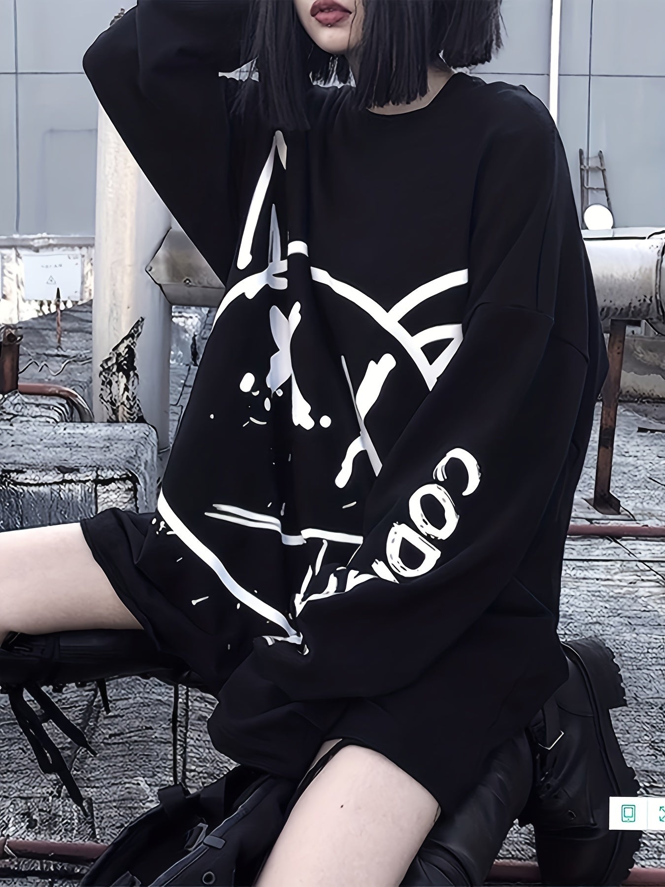 Graffiti Print Crew Neck T-Shirt, Casual Loose Long Sleeve Top For Spring & Fall, Women's Clothing