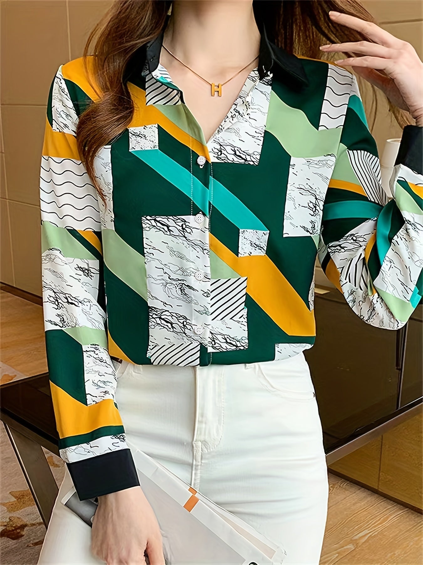 gbolsos Colorblock Geometric Print Polo Collar Shirt, Casual Long Sleeve Shirt For Spring & Fall, Women's Clothing