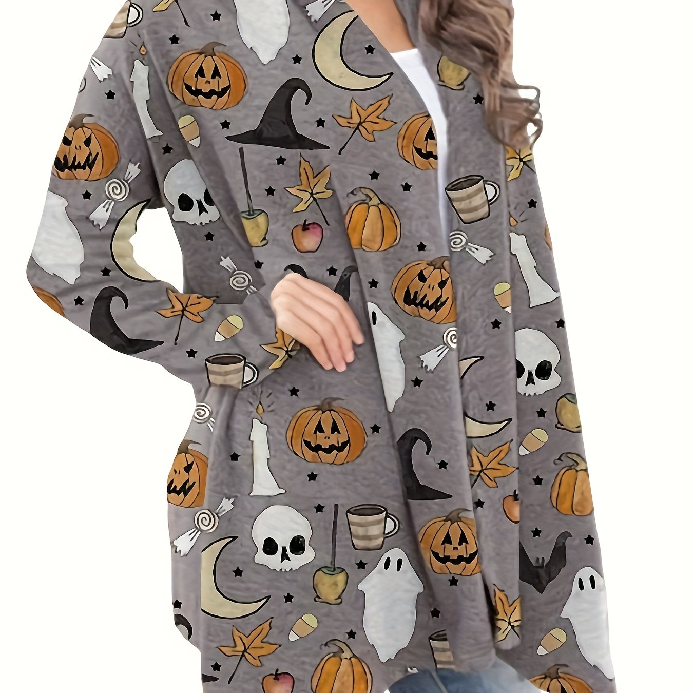 gbolsos Halloween Allover Print Cardigan, Open Front Long Sleeve Cardigan For Spring & Fall, Women's Clothing