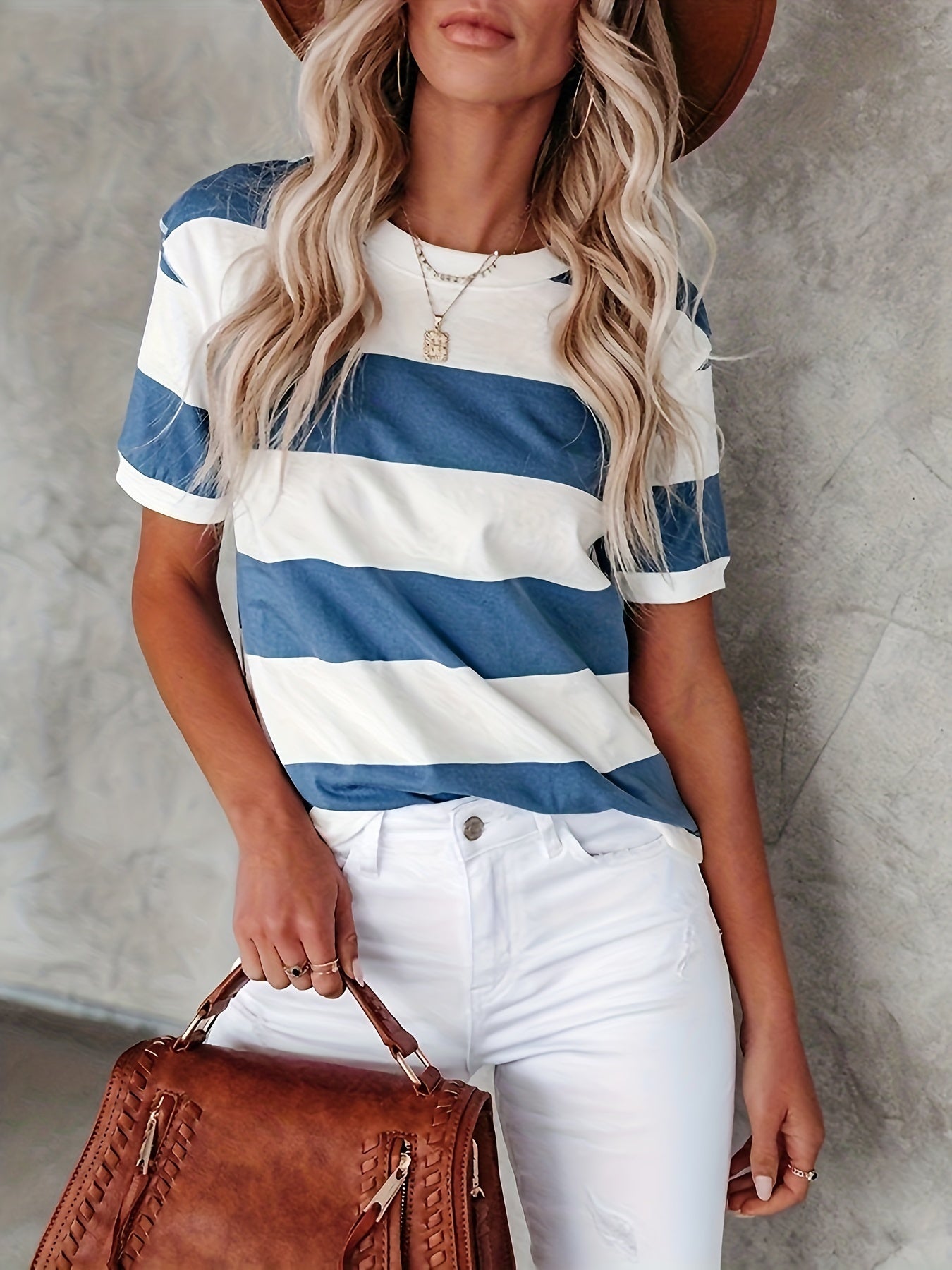 gbolsos Short Sleeve Striped T-Shirt, Crew Neck Casual Top For Summer & Spring, Women's Clothing