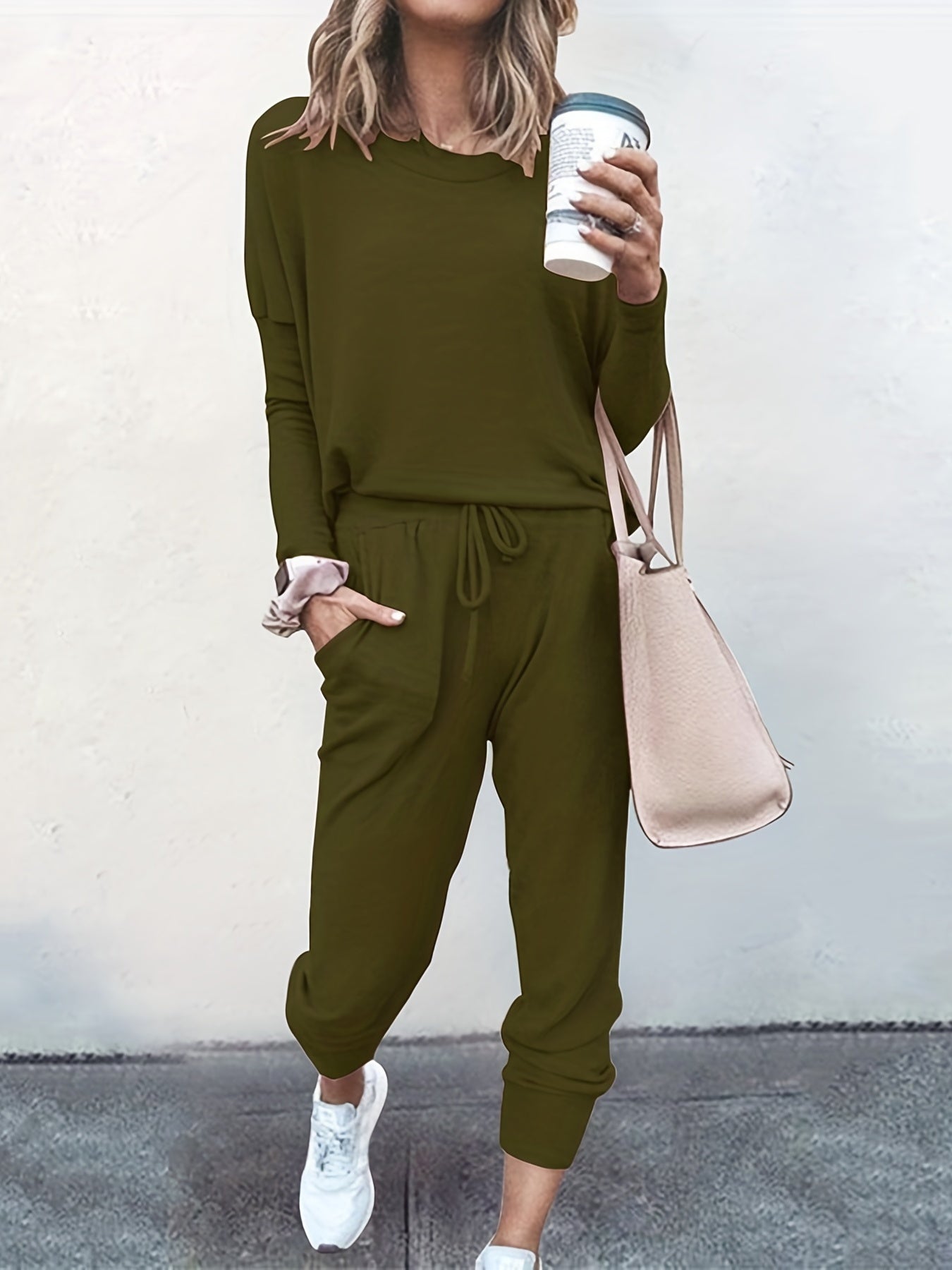 gbolsos Casual Solid Two-piece Set, Long Sleeve T-shirt & Drawstring Pants Outfits, Women's Clothing
