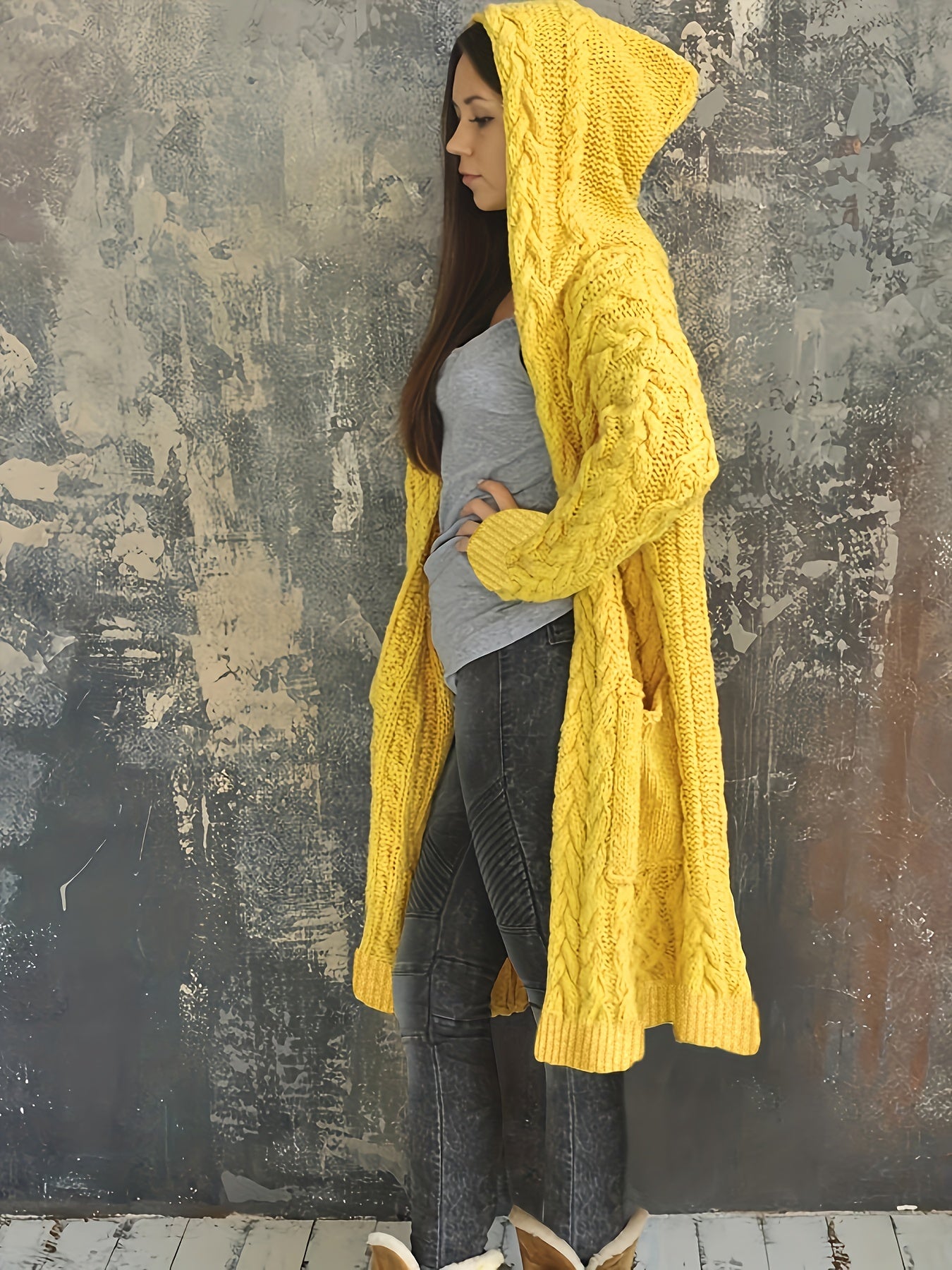 Chunky Knit Hooded Cardigan, Solid Long Open Front Sweater, Casual Cardigan For Fall & Winter, Women's Clothing