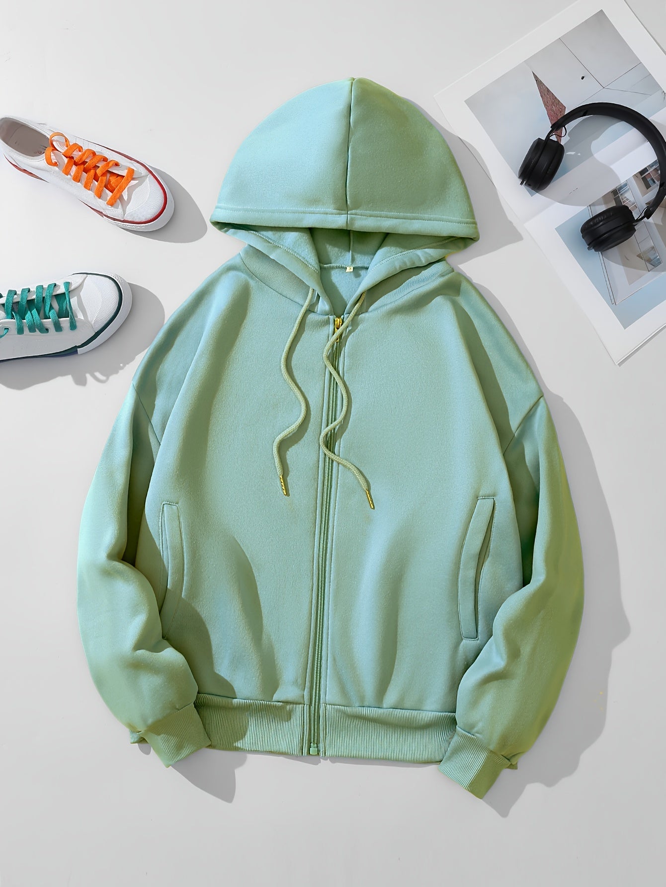 gbolsosSolid Zip Up Hoodie With Pocket, Drawstring Long Sleeves Active Hooded Sweatshirt