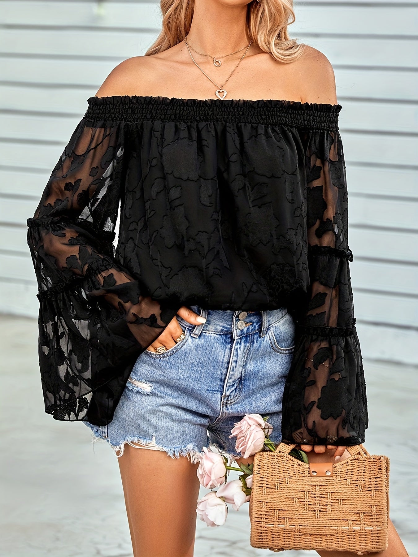 Off-shoulder Lace Flare Sleeve Top, Casual Solid Loose T-Shirt For Spring & Fall, Women's Clothing