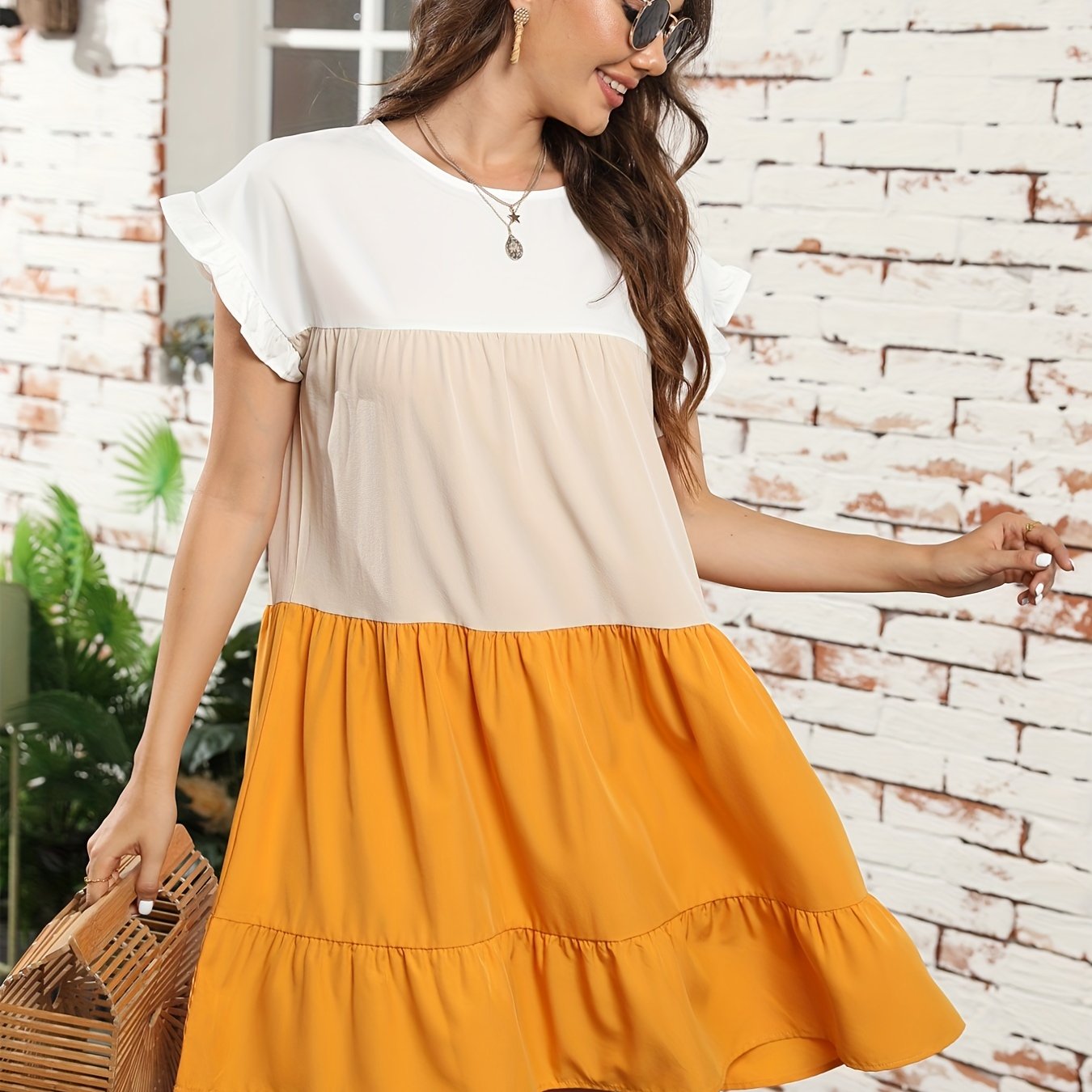 Color Block Ruffle Hem Dress, Casual Crew Neck Short Sleeve Dress, Women's Clothing