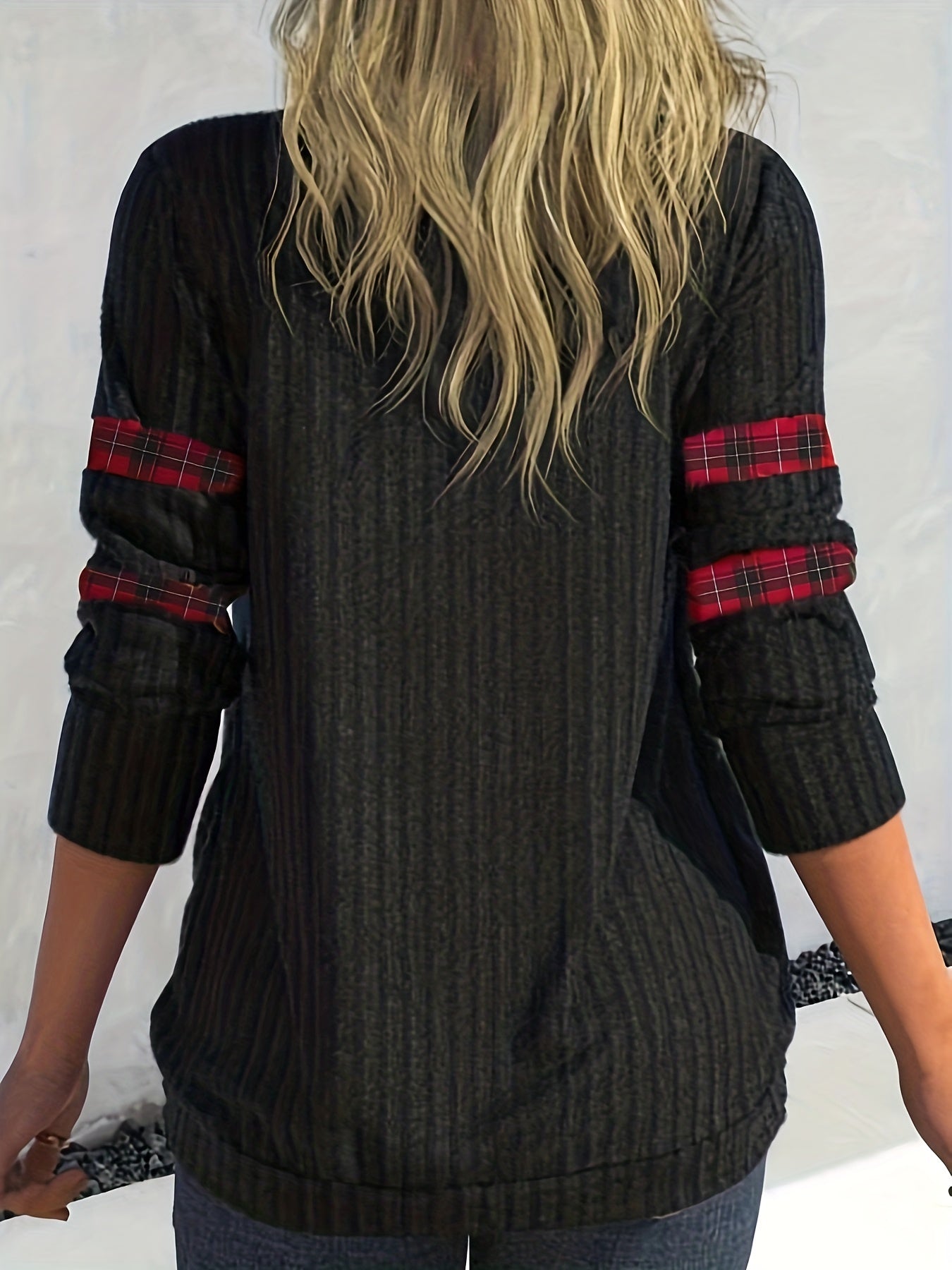 Plus Size Casual Top, Women's Plus Colorblock Plaid Print Ribbed Long Sleeve Cowl Neck Medium Stretch Top