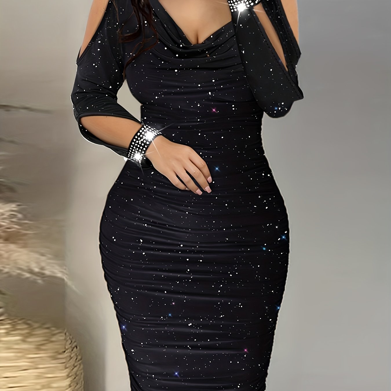 gbolsos Cold Shoulder Ruched Body-Con Dress, Solid Sexy Dress For Spring & Fall, Women's Clothing