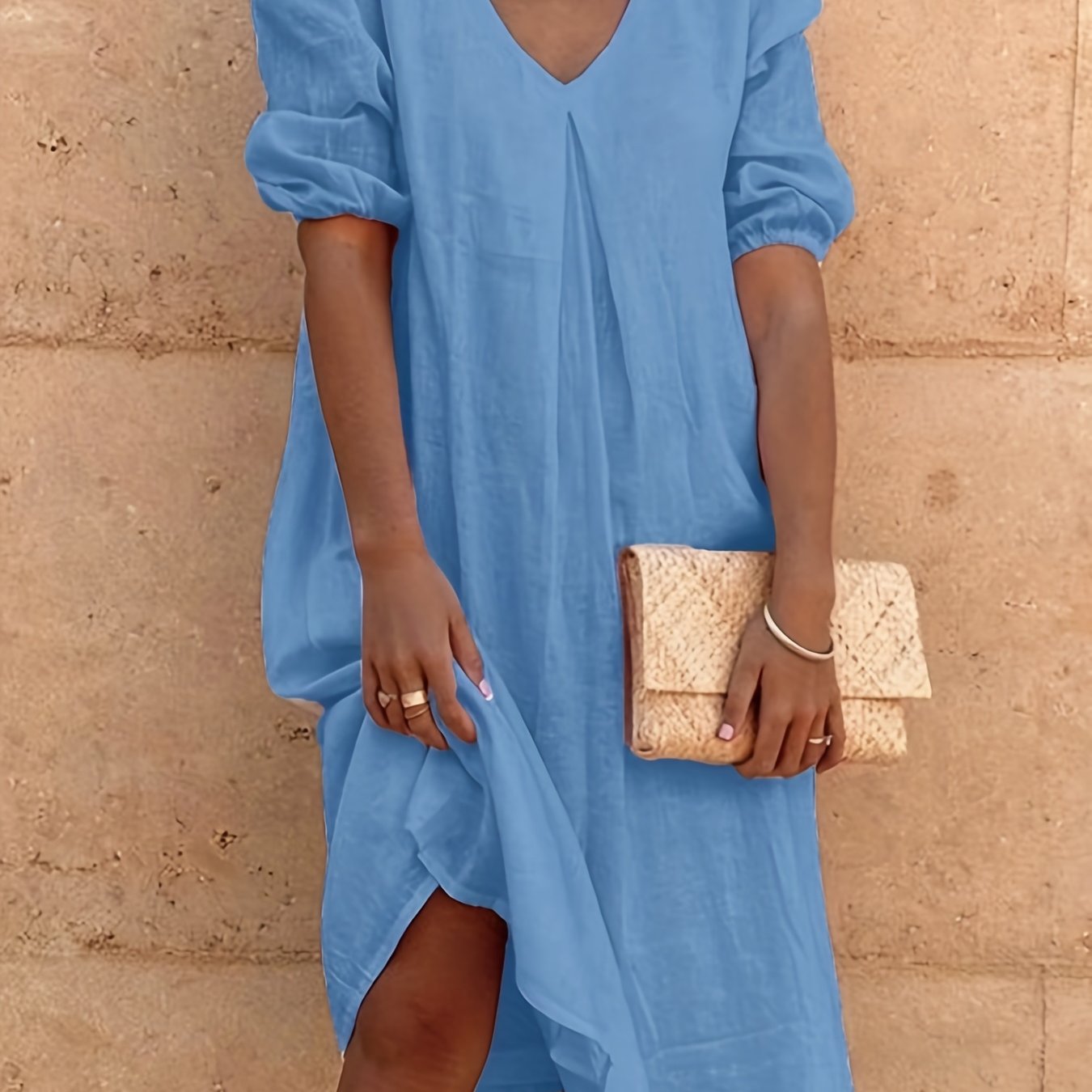Solid V Neck Dress, Casual Short Sleeve Dress For Spring & Summer, Women's Clothing