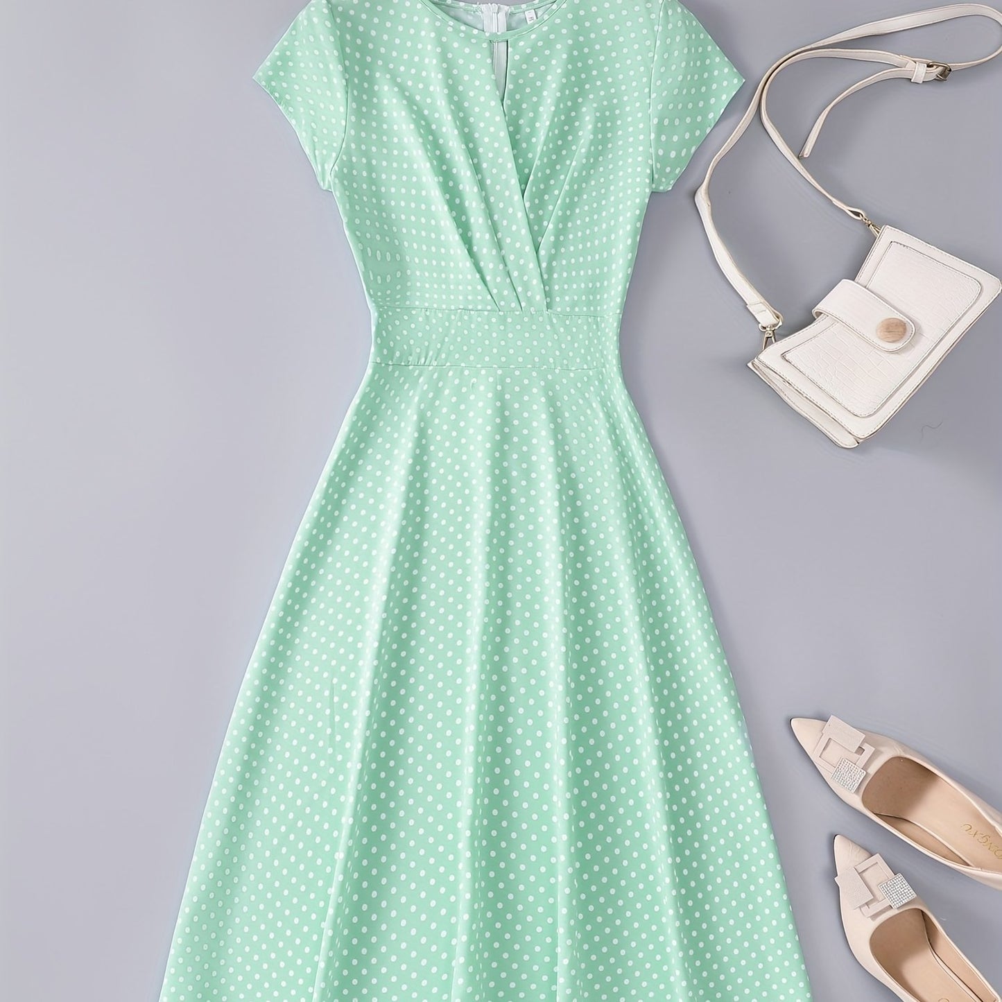 gbolsos Polka Dot Keyhole Dress, Casual Crew Neck Cap Sleeve Slim Waist Dress, Women's Clothing