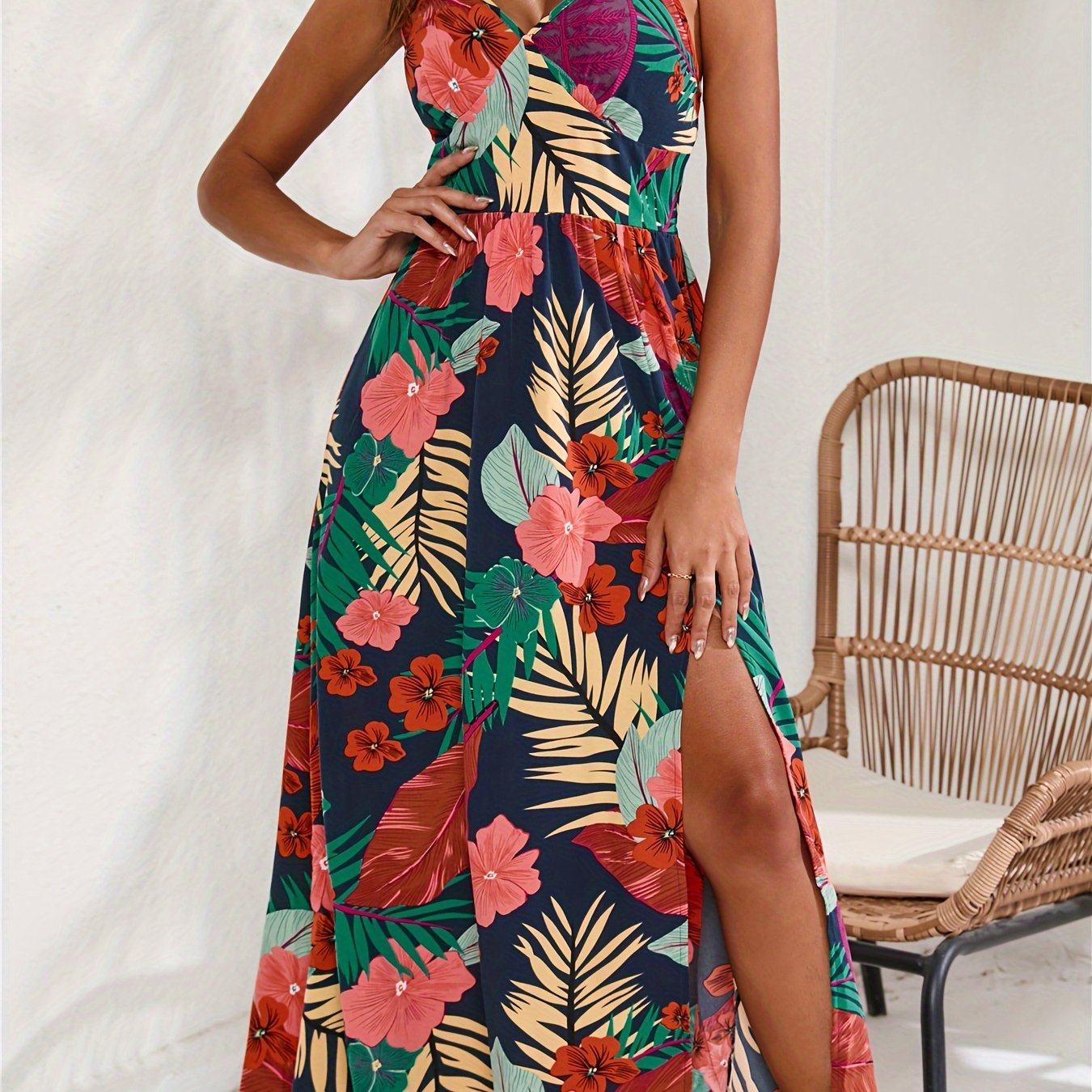 gbolsos Tropical Print Cami Dress, Vacation Split Thigh Sleeveless Summer Maxi Dress, Women's Clothing