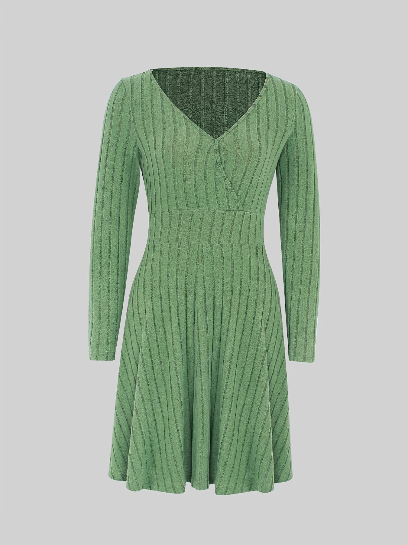 Solid Bodycon Ribbed Dress, Casual V Neck Long Sleeve Dress, Women's Clothing