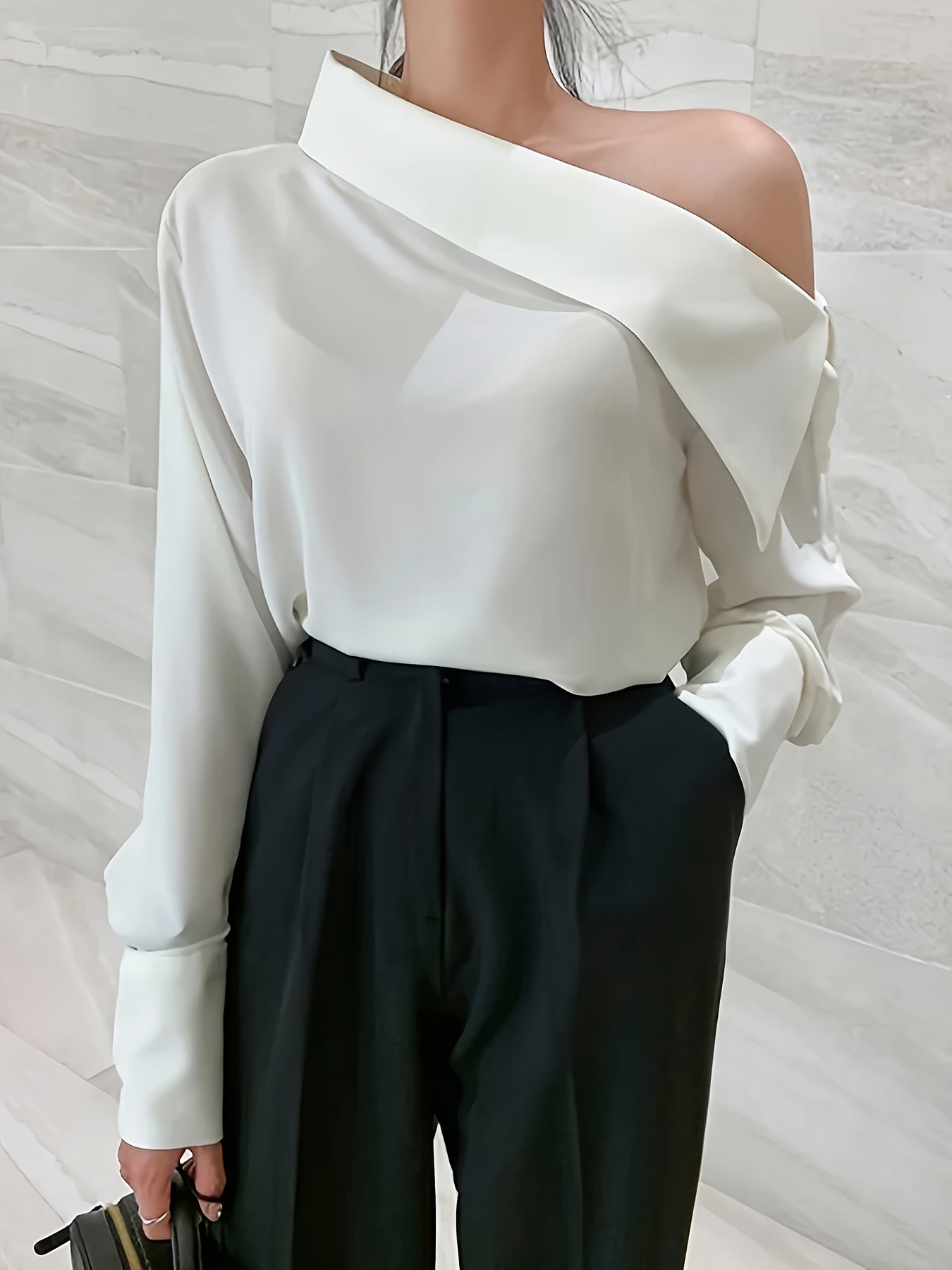 gbolsos Solid Color Asymmetrical Cold Shoulder Blouse, Vintage Long Sleeve Blouse For Every Day, Women's Clothing