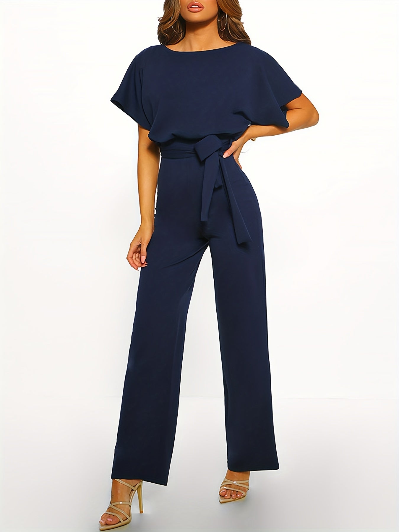kkboxly Batwing Sleeve Belted Jumpsuit, Solid Casual Jumpsuit, Women's Clothing