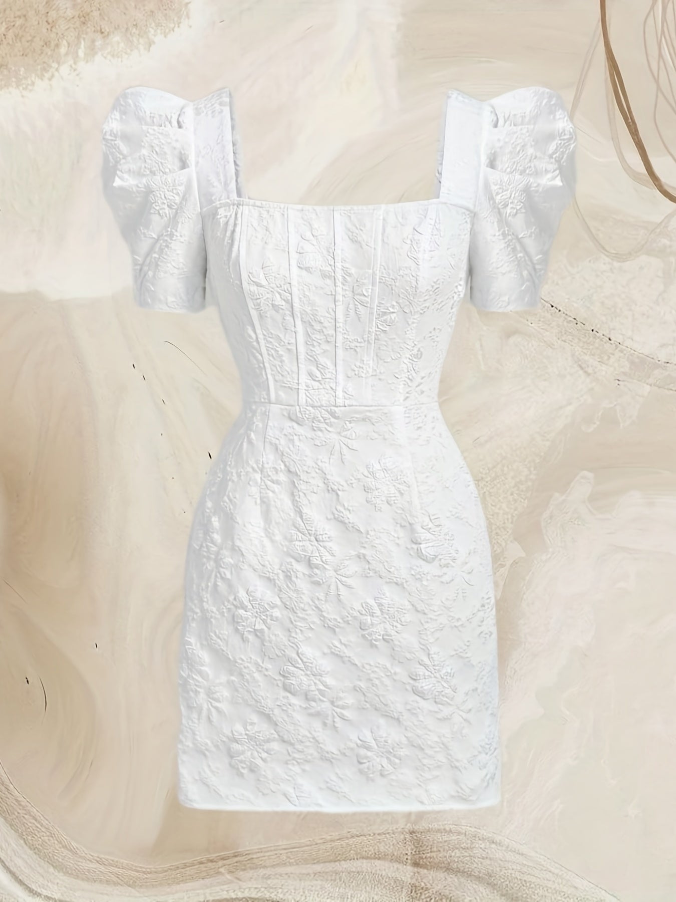 Solid Color Puff Sleeve Dress, Elegant Square Neck Dress For Spring & Summer, Women's Clothing