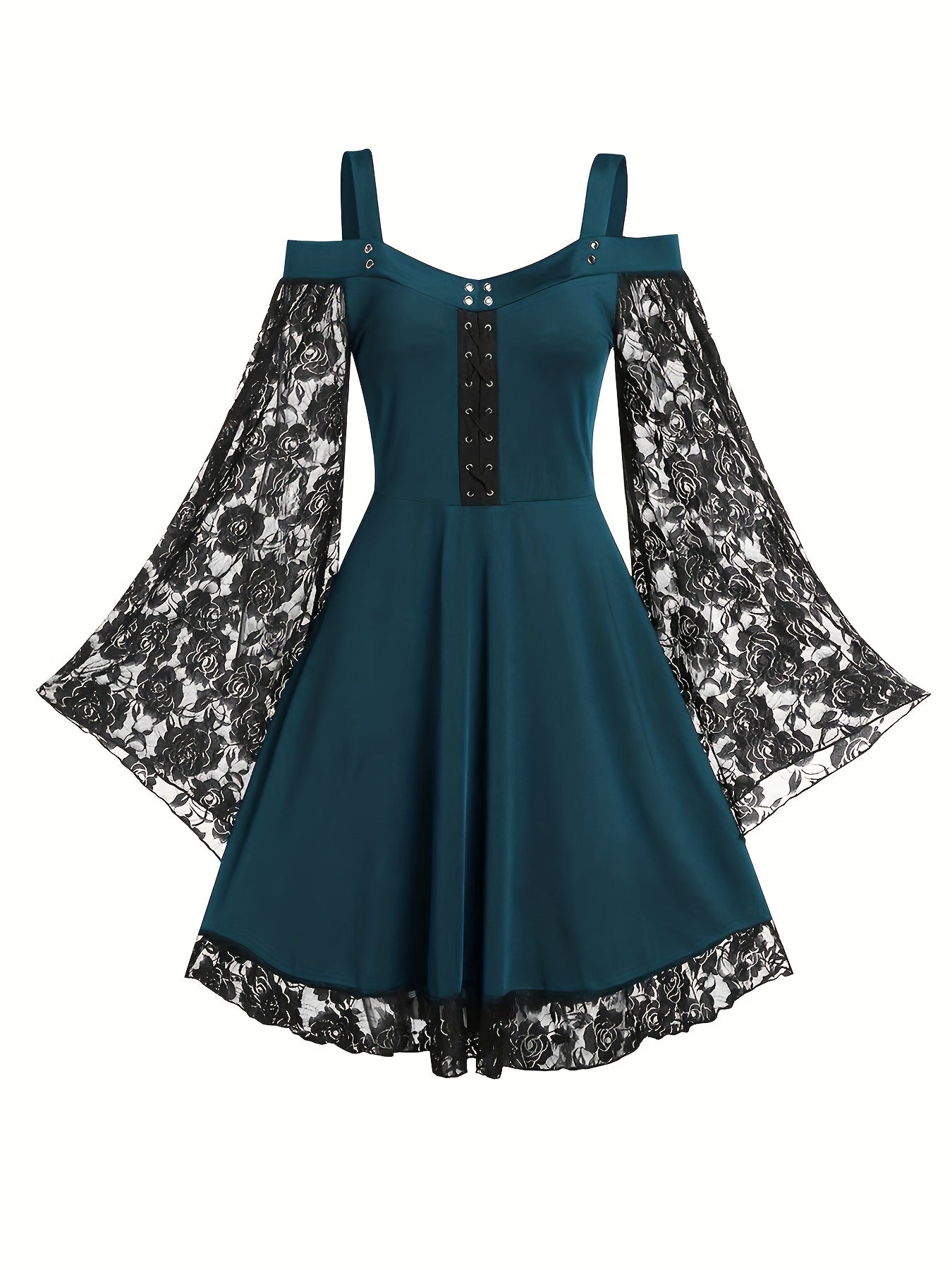 Solid Contrast Lace Dress, Gothic Drawstring Solid Mini Dress, Women's Clothing