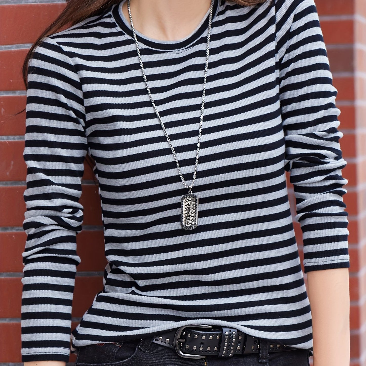 gbolsos Striped Print Crew Neck T-Shirt, Casual Long Sleeve T-Shirt For Spring & Fall, Women's Clothing