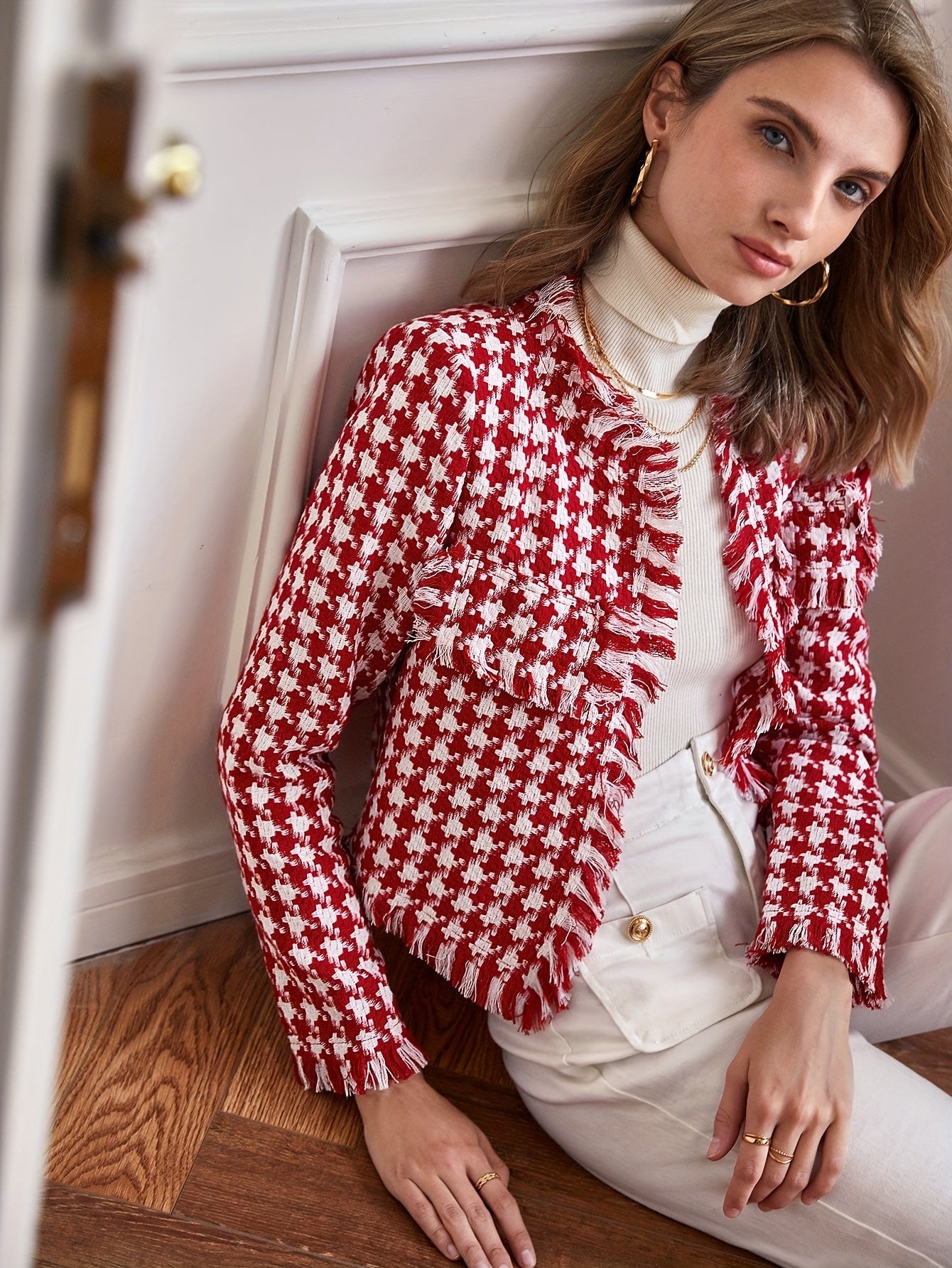 gbolsos Plaid Raw Hem Jacket, Casual Open Front Long Sleeve Outerwear, Women's Clothing