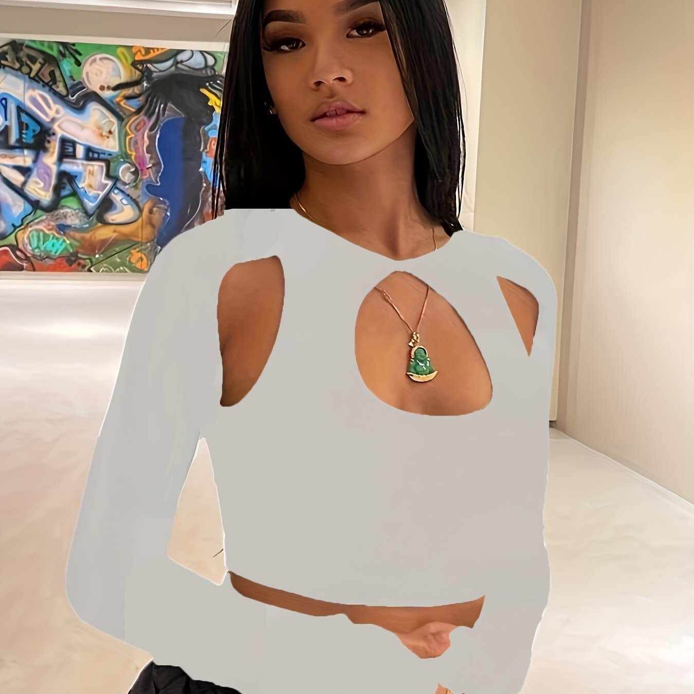 kkboxly Sexy Cut Out Crop T-Shirt, Long Sleeve Loose Casual Top, Women's Clothing