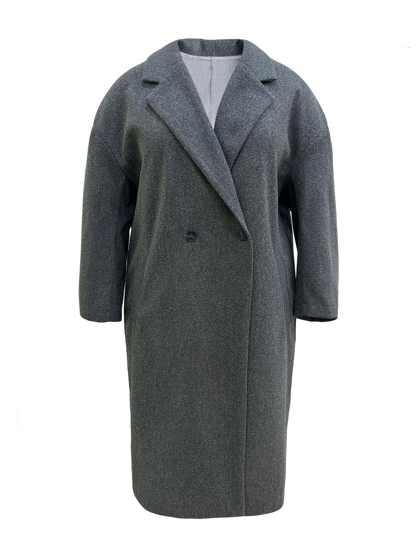 Plus Size Casual Coat, Women's Plus Solid Long Sleeve Double Breast Button Lapel Lapel Collar Longline Woolen Coat With Pockets