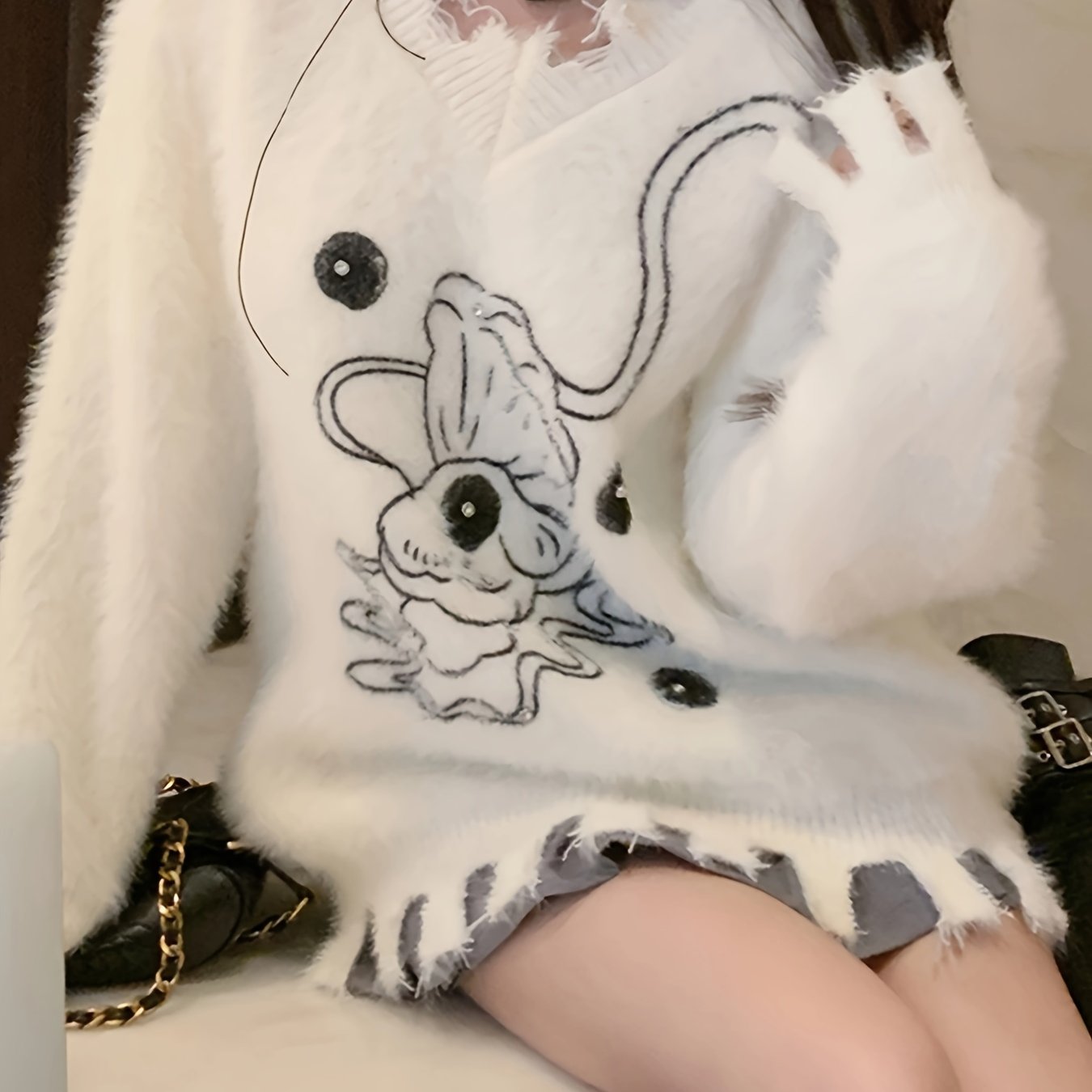 gbolsos Graphic Pattern Ripped Pullover Sweater, Vintage Long Sleeve Loose Sweater, Women's Clothing