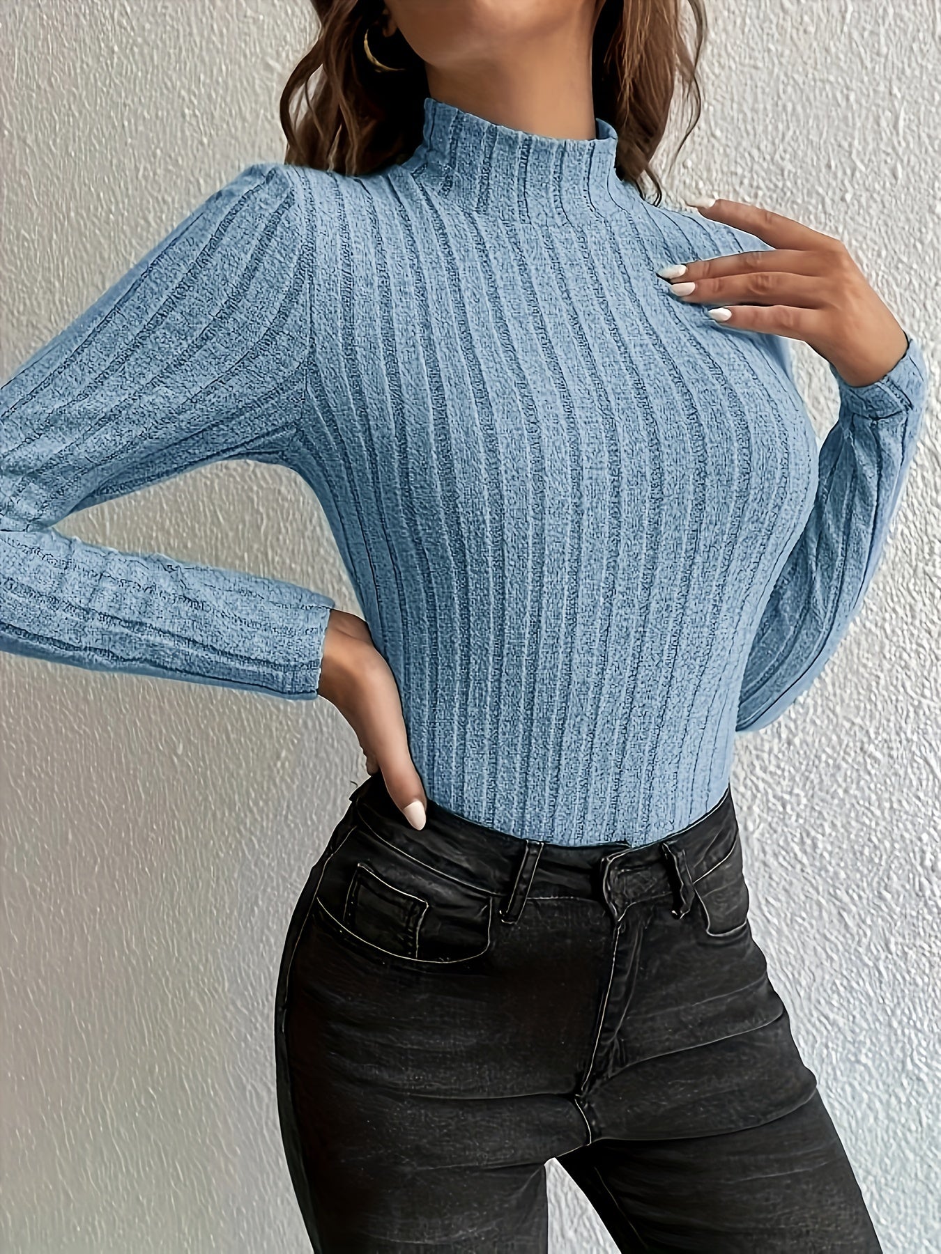 gbolsos Solid Turtleneck Knit Top, Elegant Slim Long Sleeve Sweater For Spring & Fall, Women's Clothing