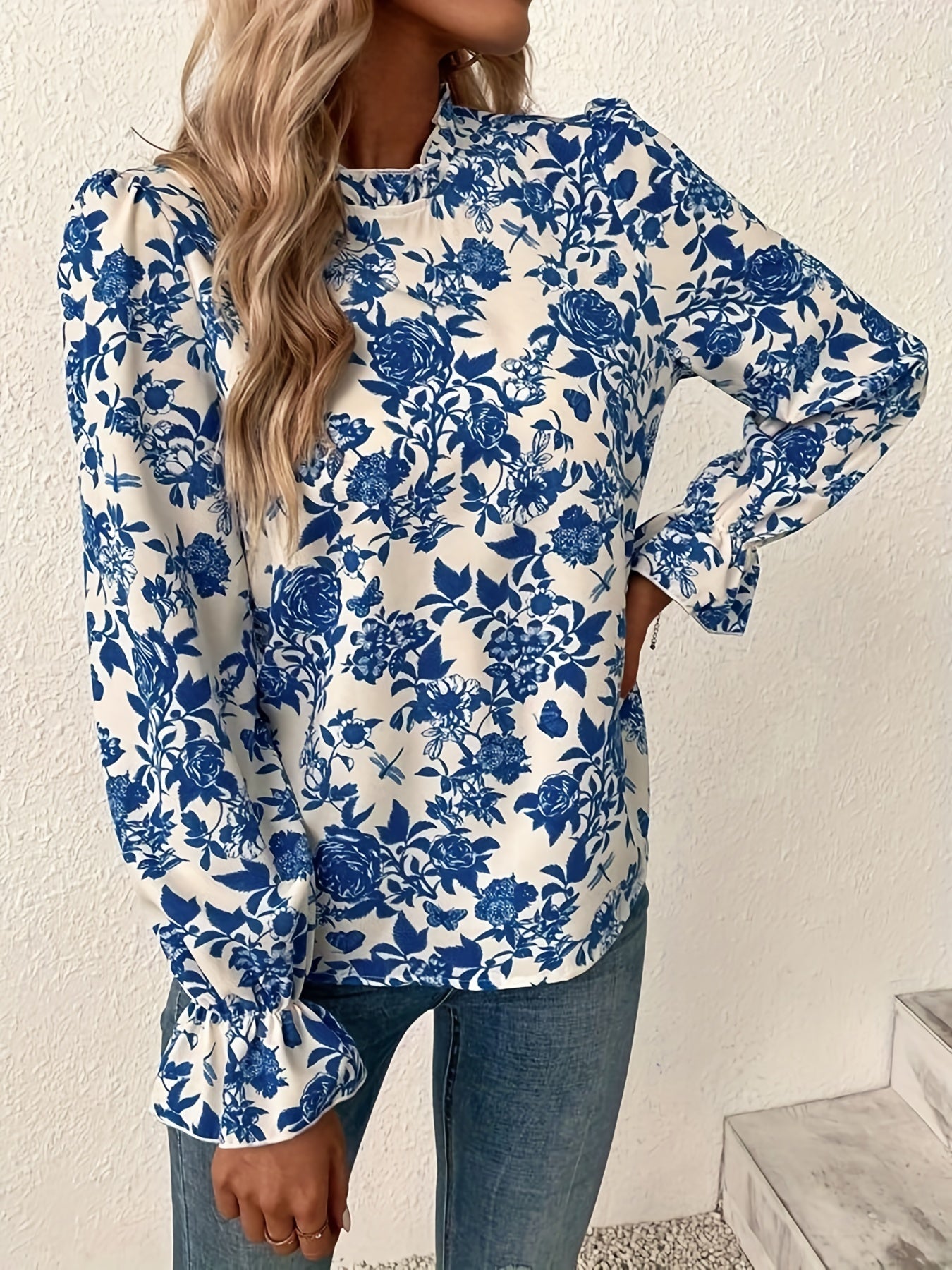 gbolsos Floral Print Keyhole Blouse, Casual High Neck Ruffle Long Sleeve Blouse, Women's Clothing