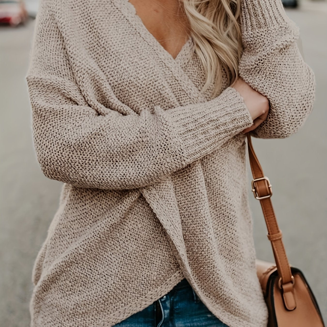 gbolsos Solid Surplice Neck Cross Front Sweater, Casual Long Sleeve Sweater For Spring & Fall, Women's Clothing