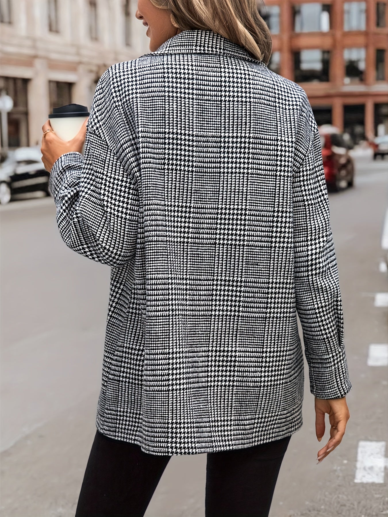 gbolsos Houndstooth Flap Pockets Jacket, Casual Long Sleeve Single Breasted Jacket, Women's Clothing