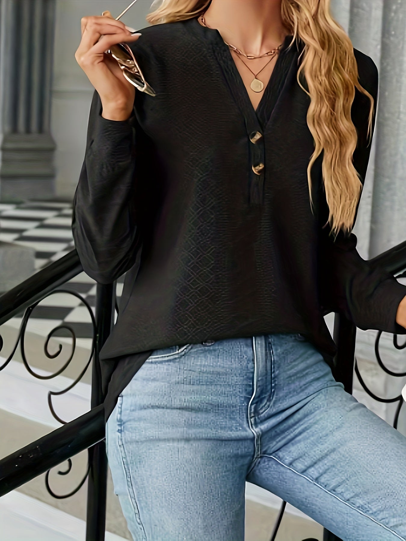 gbolsos Jacquard Button Front V Neck T-Shirt, Casual Long Sleeve Top For Spring & Fall, Women's Clothing