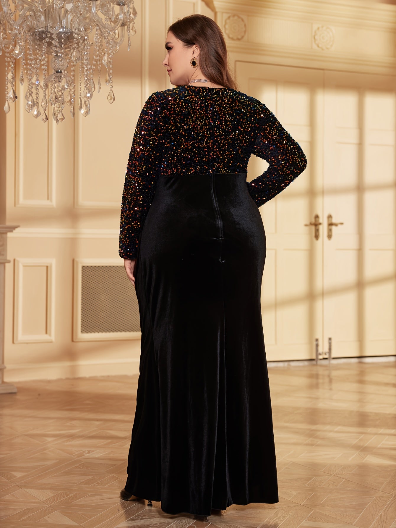 gbolsos Plus Size Elegant Bridesmaid Dress, Women's Plus Shiny Sequin Long Sleeve Round Neck Mermaid Hem Bodycon Party Dress