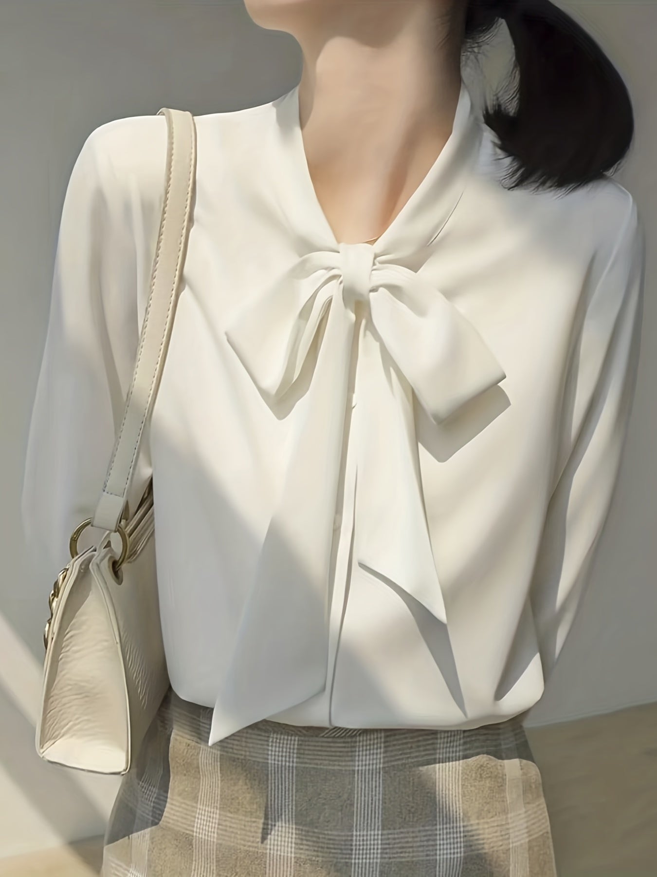 Tie Neck Solid Blouse, Casual Long Sleeve Work Office Blouse, Women's Clothing