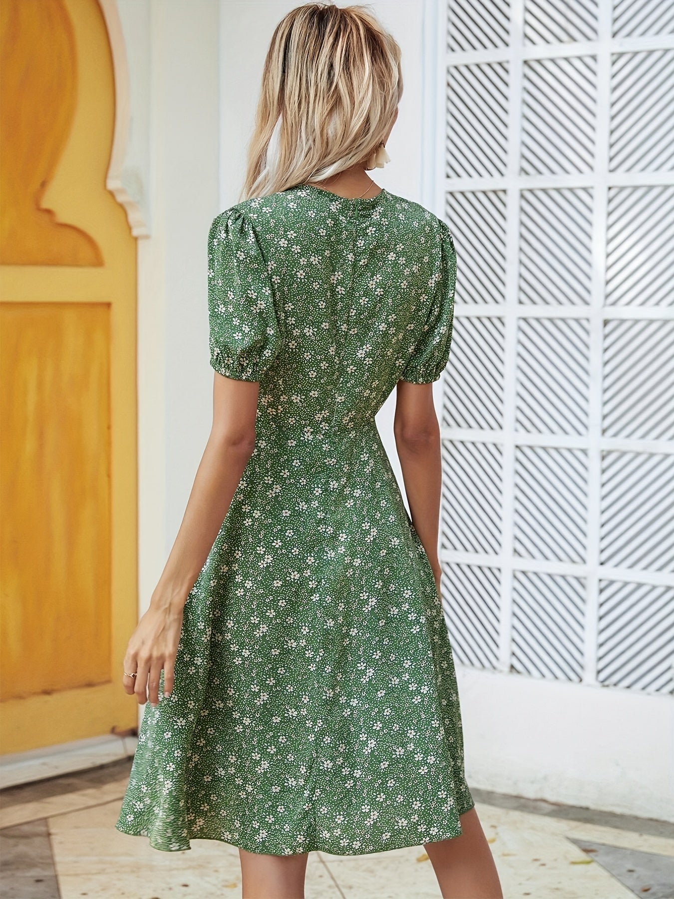 gbolsos Floral Print Button V Neck Dress, Casual Short Sleeve Dress For Spring & Summer, Women's Clothing