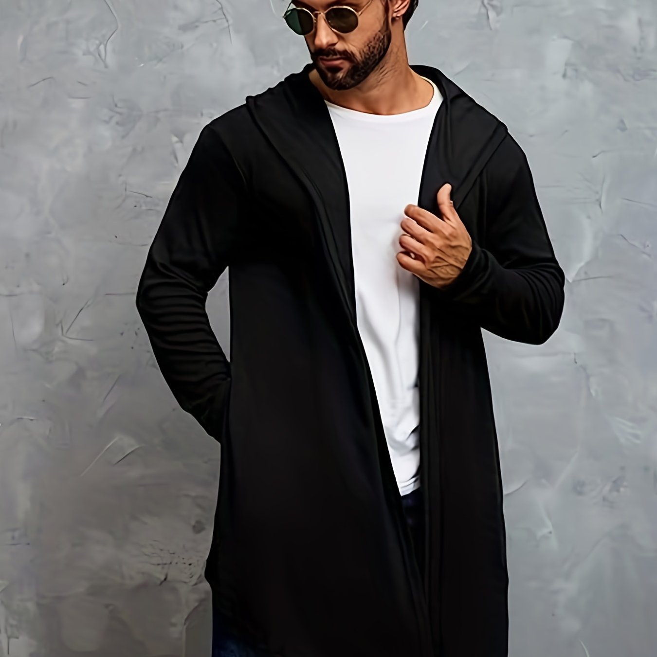 gbolsos Men's Hip Hop Hooded Cardigan With Solid Color, Casual Draped Long Sleeve Coat With Hooded Cloak & Asymmetrical Hem For Male, Plus Size
