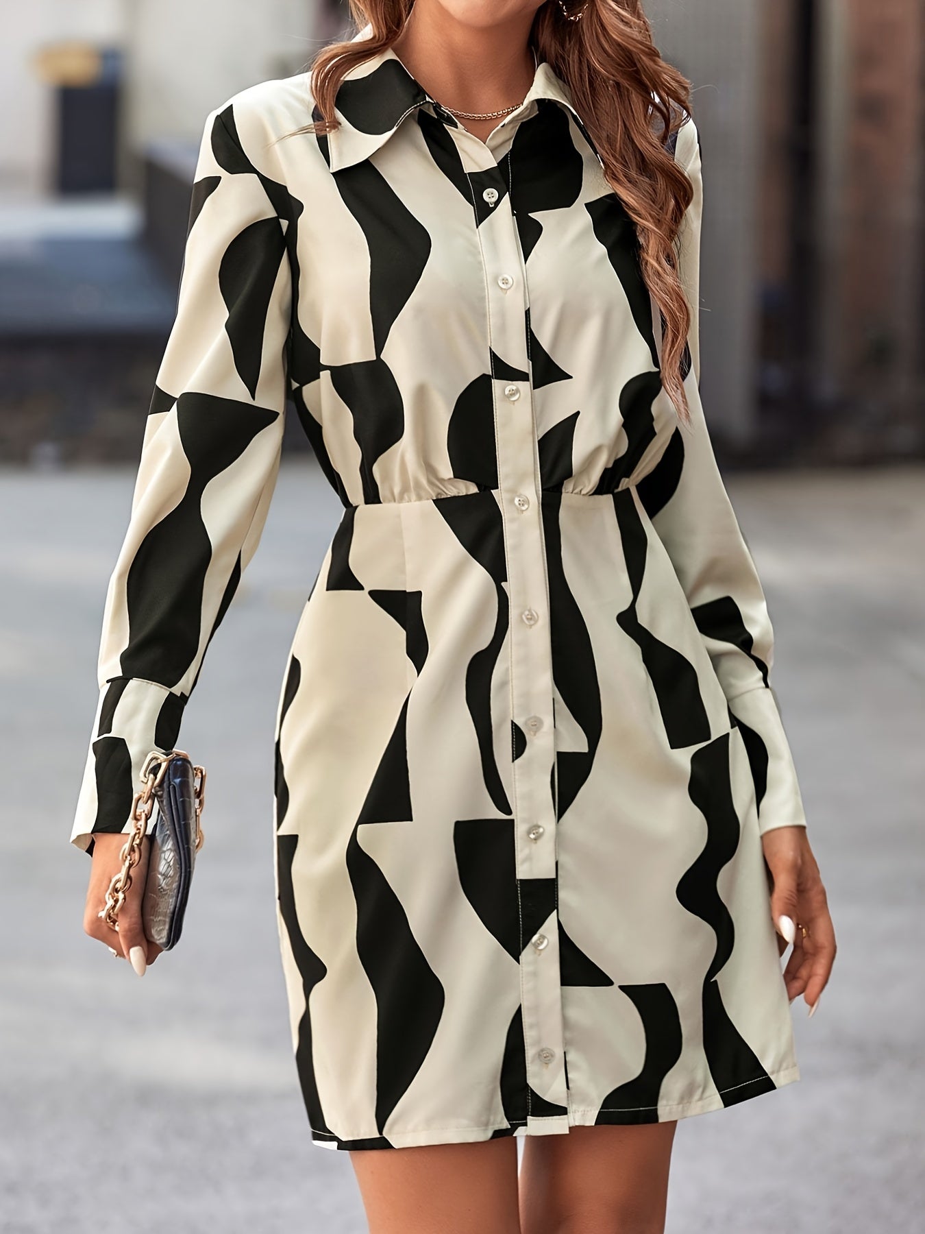 Allover Print Button Front Shirt Dress, Casual Cuff Sleeve Dress For Spring & Fall, Women's Clothing