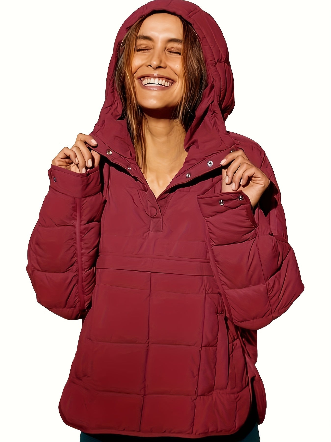 Plus Size Casual Winter Coat, Women's Plus Solid Quilted Button Up Long Sleeve Hooded Pullover Puffer Coat
