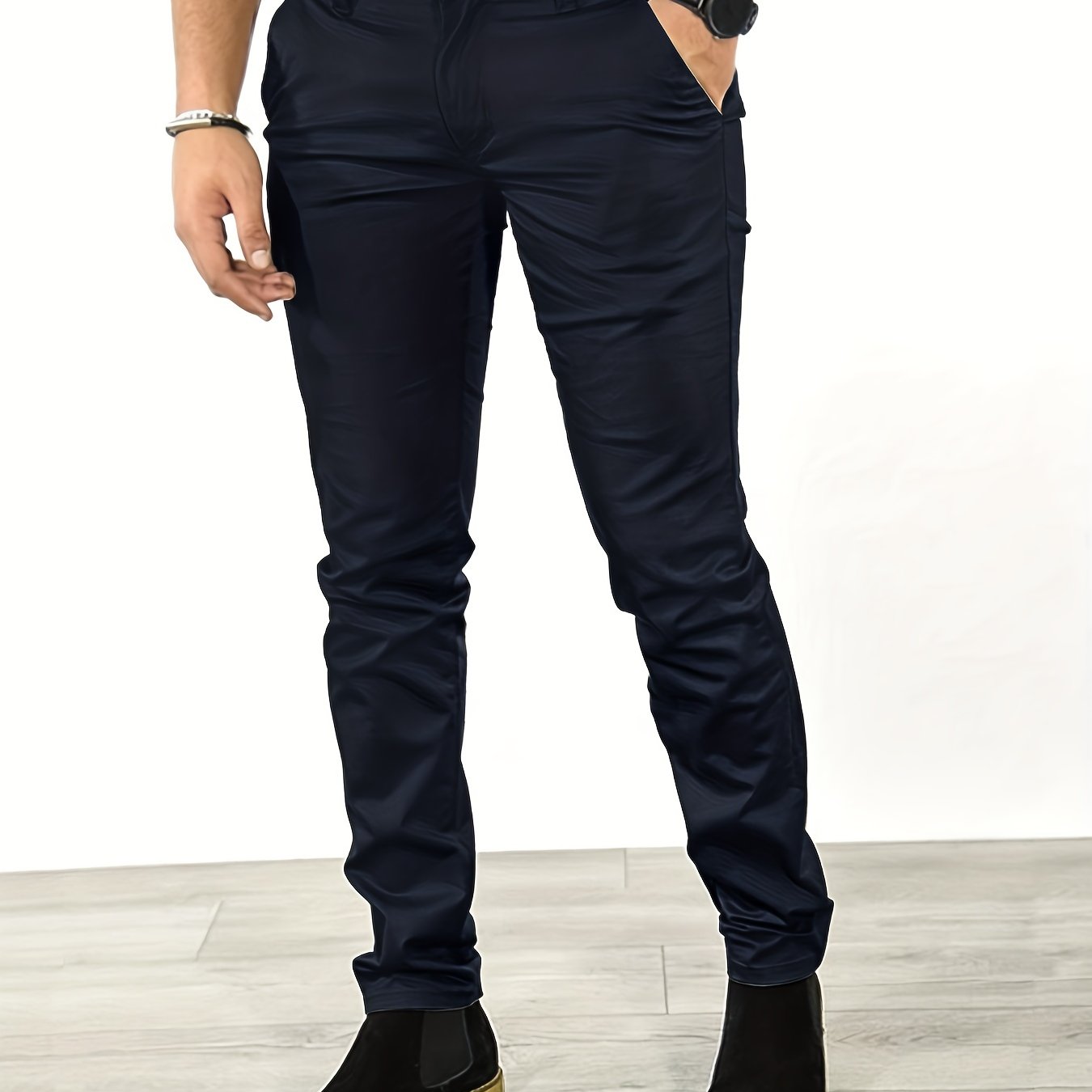 gbolsos Slim Fit Tapered Slacks, Men's Casual Slightly Stretch Solid Color All Match Pants For All Seasons Business