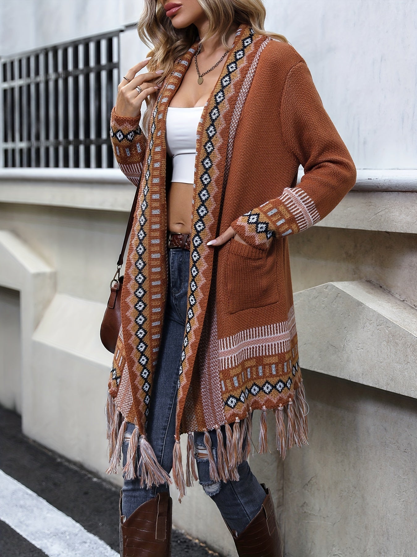 gbolsos Ethnic Pattern Tassel Trim Knit Cardigan, Vintage Open Front Long Sleeve Pocket Sweater, Women's Clothing