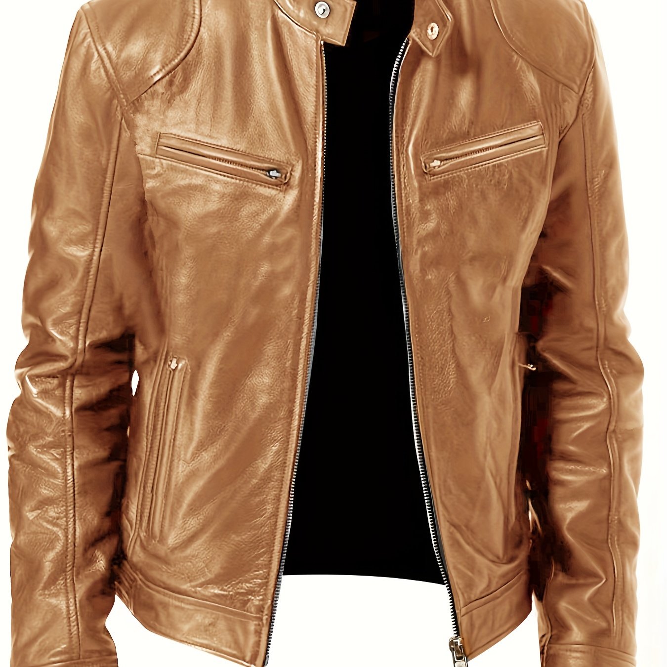 gbolsos Zipper Pockets PU Jacket, Men's Casual Solid Color Zip Up Stand Collar Faux Leather Jacket For Spring Fall