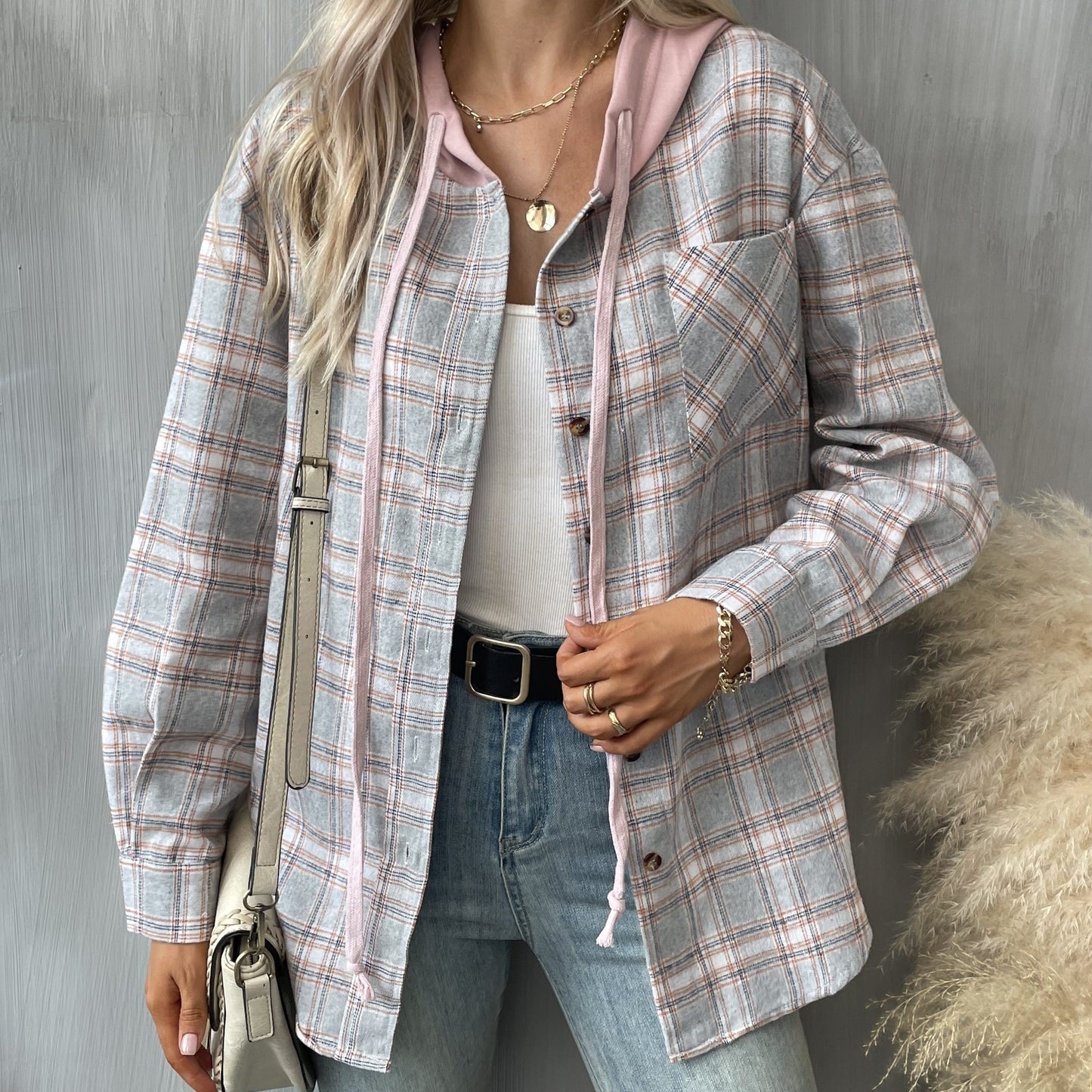 gbolsos Hooded Plaid Print Blouse, Casual Button Front Drawstring Long Sleeve Blouse, Women's Clothing