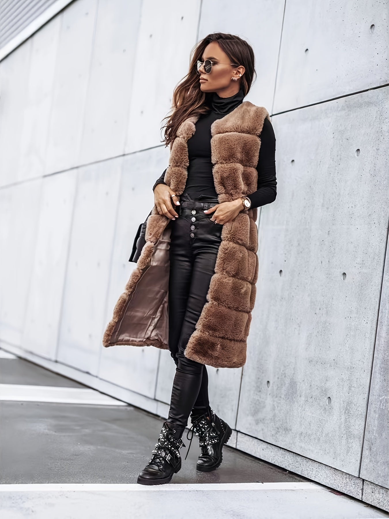 Fuzzy Long Length Warm Vest, Casual Open Front Sleeveless Winter Vest, Women's Clothing