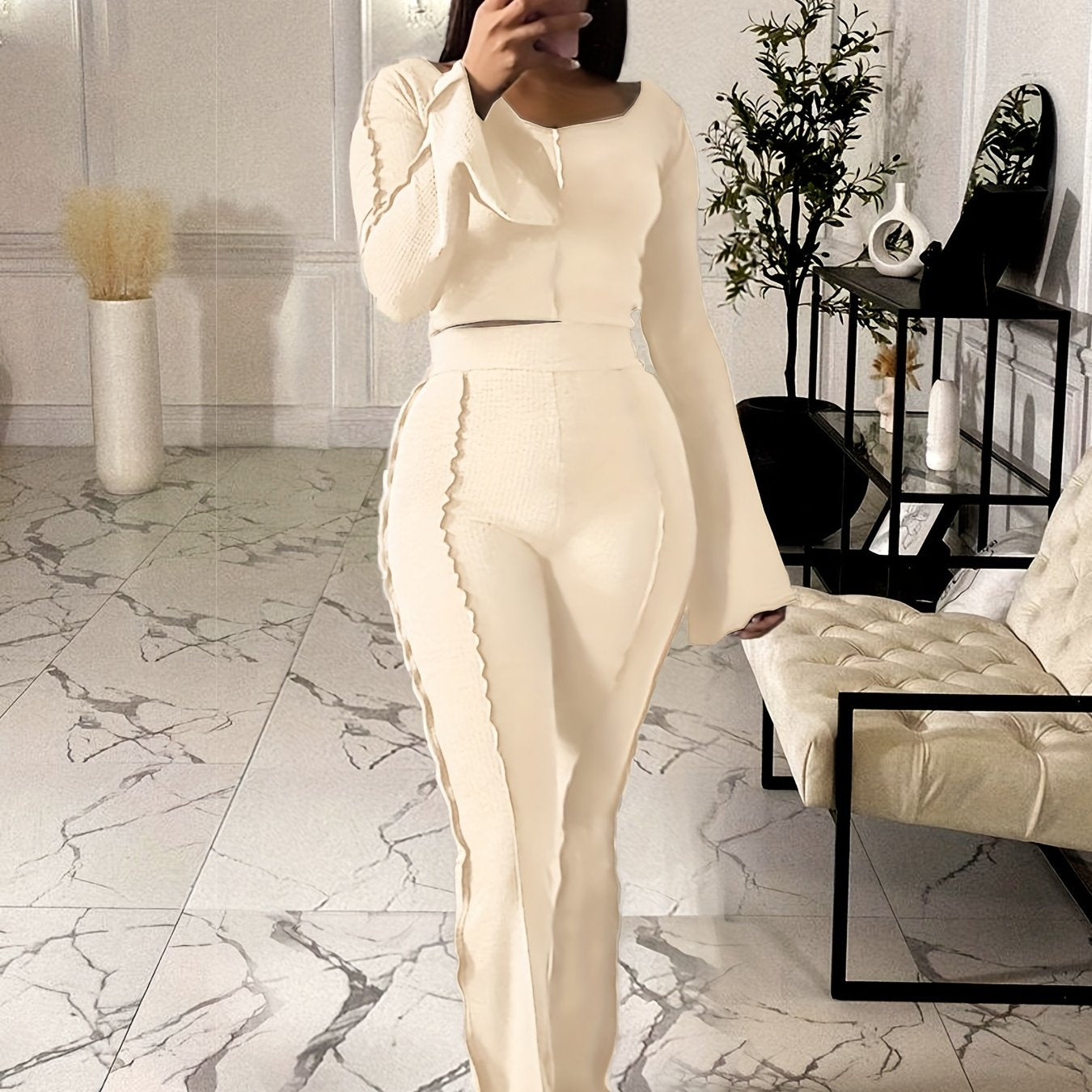 Solid Rib Two-piece Set, Flared Sleeve Crew Neck Tops & High Waist Long Length Pants Outfits, Women's Clothing