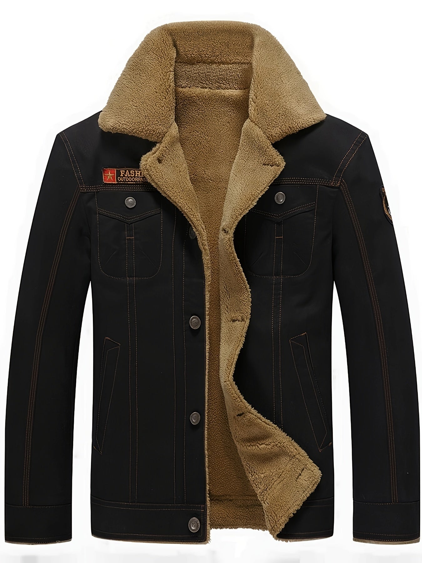 gbolsos Men's Warm Fleece Cotton Jacket For Fall Winter, Casual Lapel Biker Jacket Coat