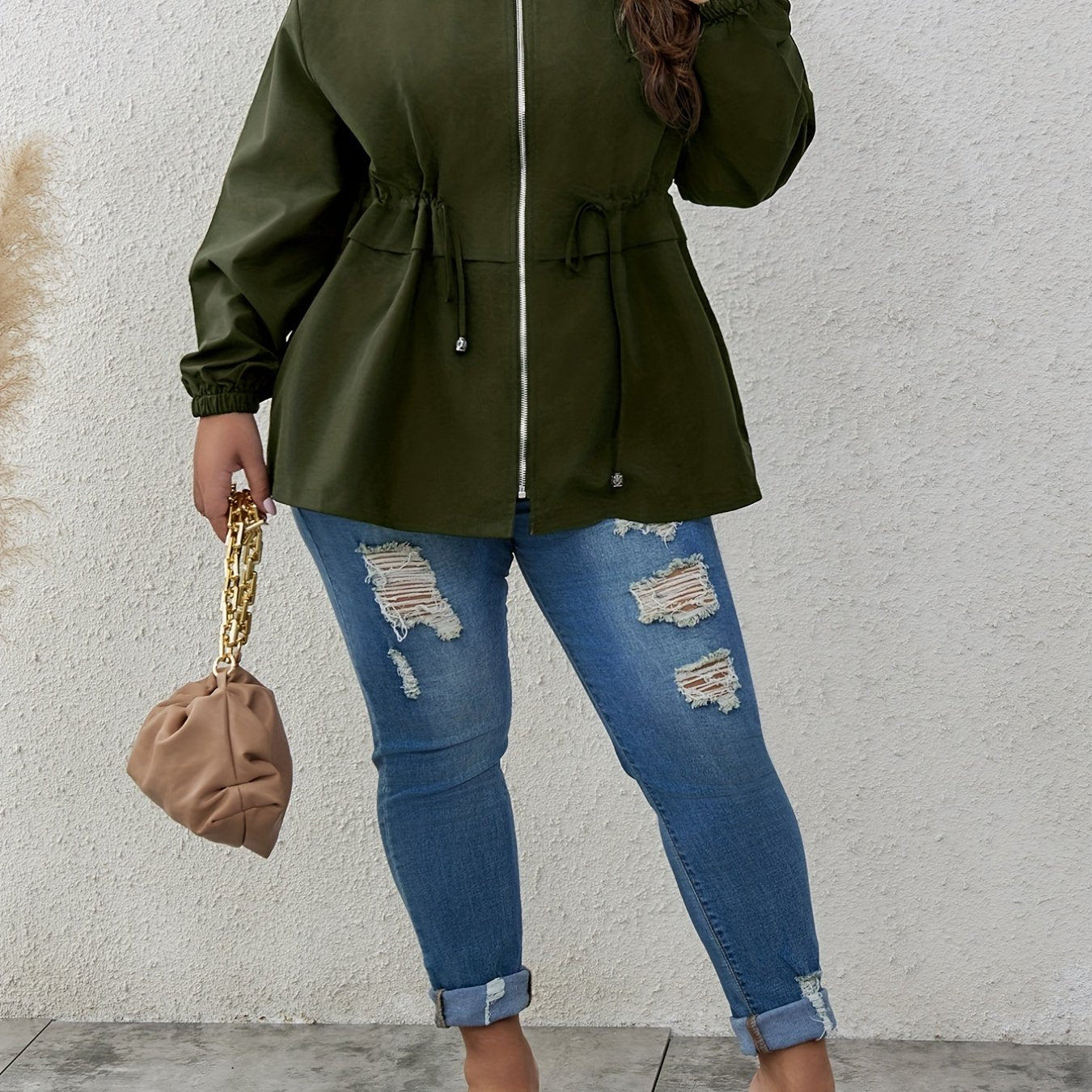 Plus Size Casual Coat, Women's Plus Solid Lettuce Trim Long Sleeve Drawstring Zipper Coat