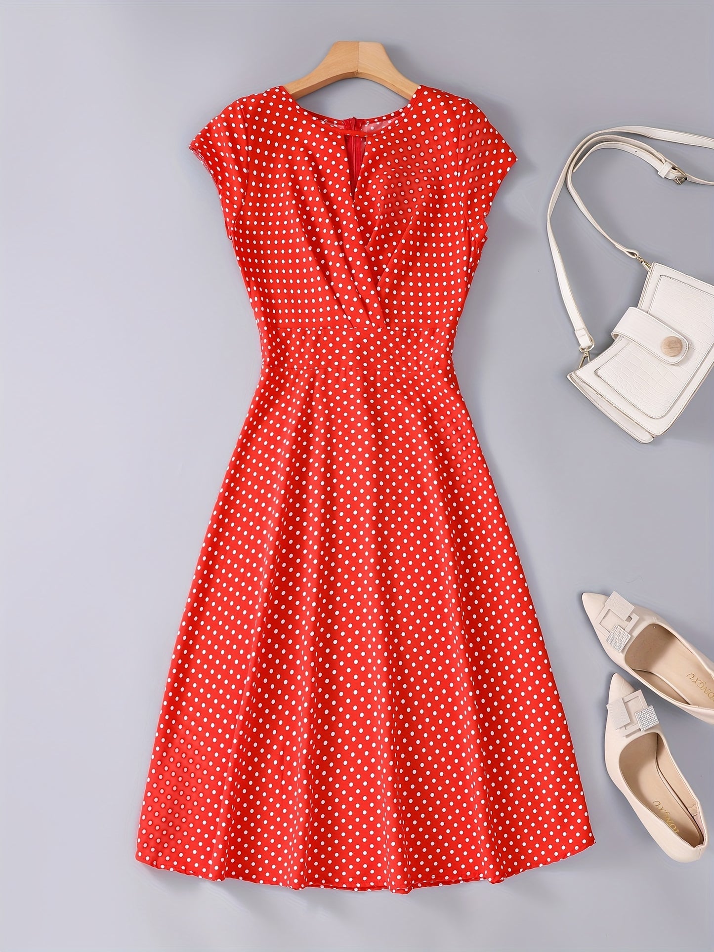 gbolsos Polka Dot Keyhole Dress, Casual Crew Neck Cap Sleeve Slim Waist Dress, Women's Clothing