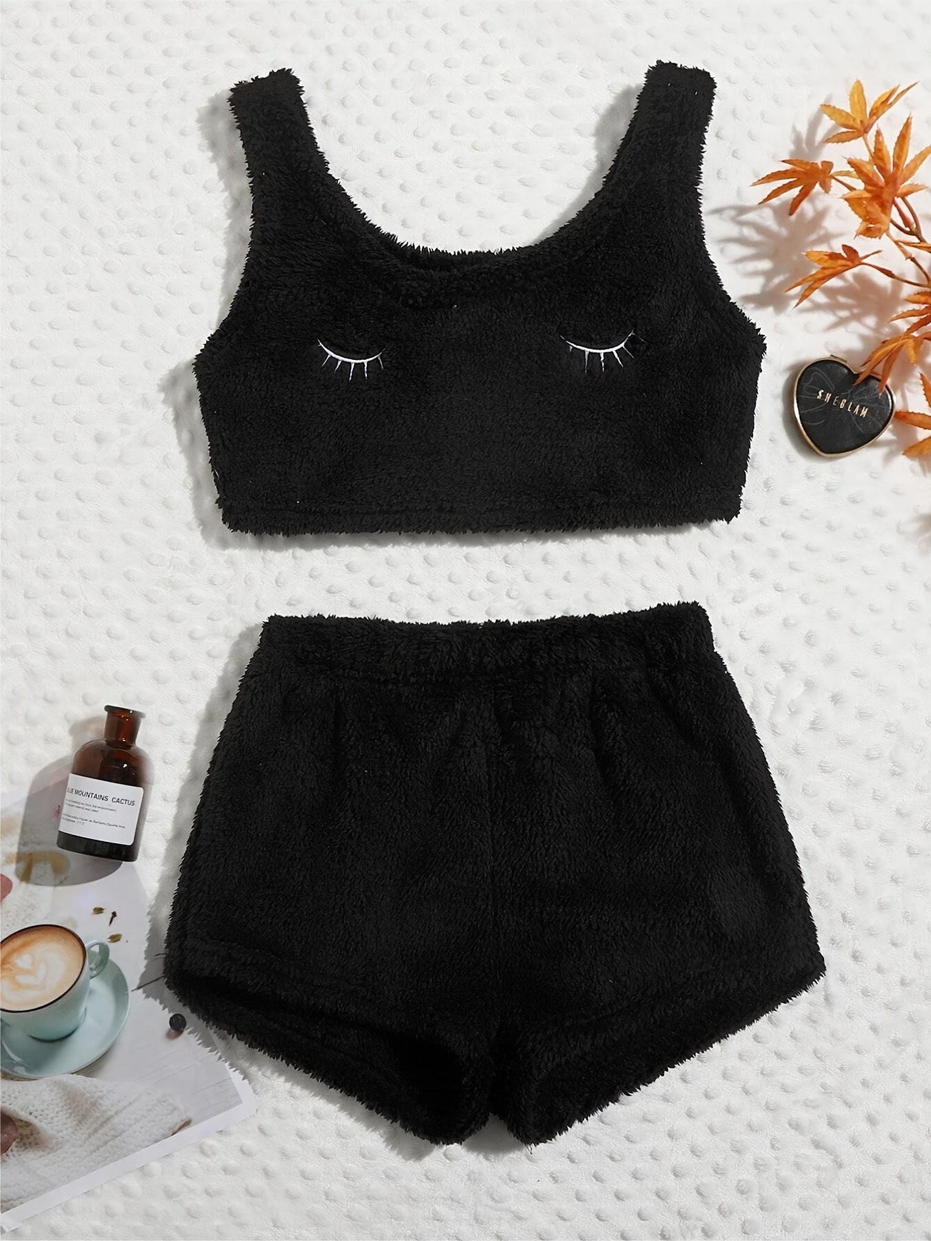 Fluffy Comfortable Pajamas Set, Crop Tank Sleeveless Top & Comfortable Shorts Loungewear Set For Valentine's Gifts, Women's Loungewear & Sleepwear